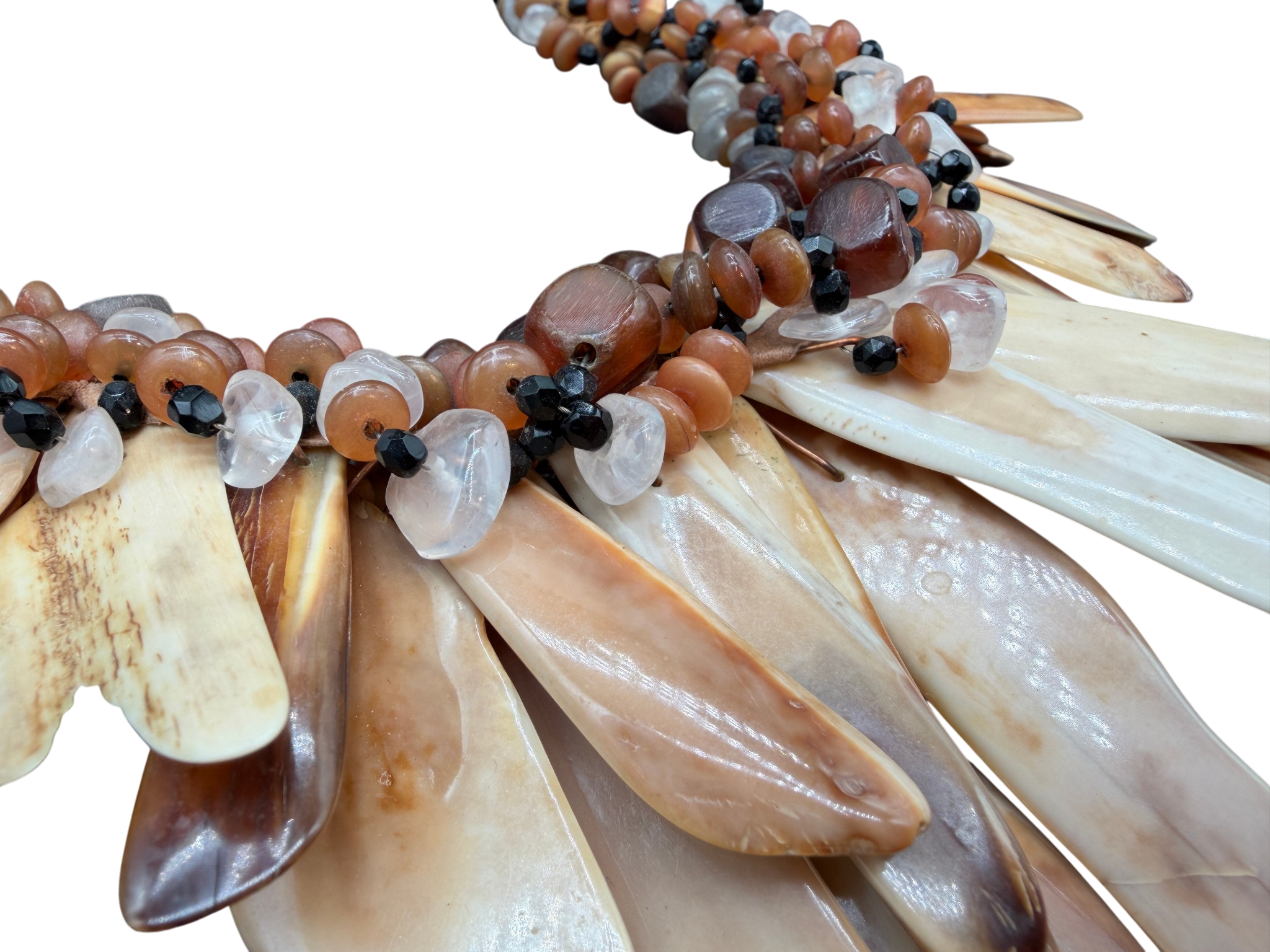 1970s Tribal Braided Leather Bib Necklace with Amber, Quartz & Bone