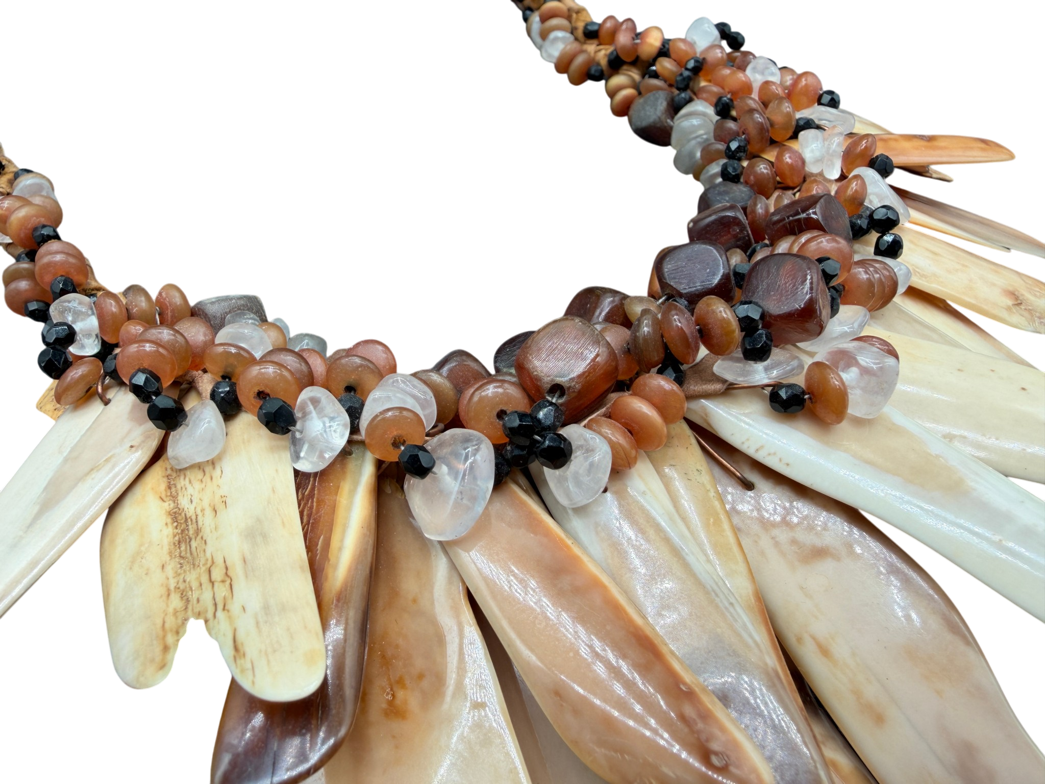 1970s Tribal Braided Leather Bib Necklace with Amber, Quartz & Bone