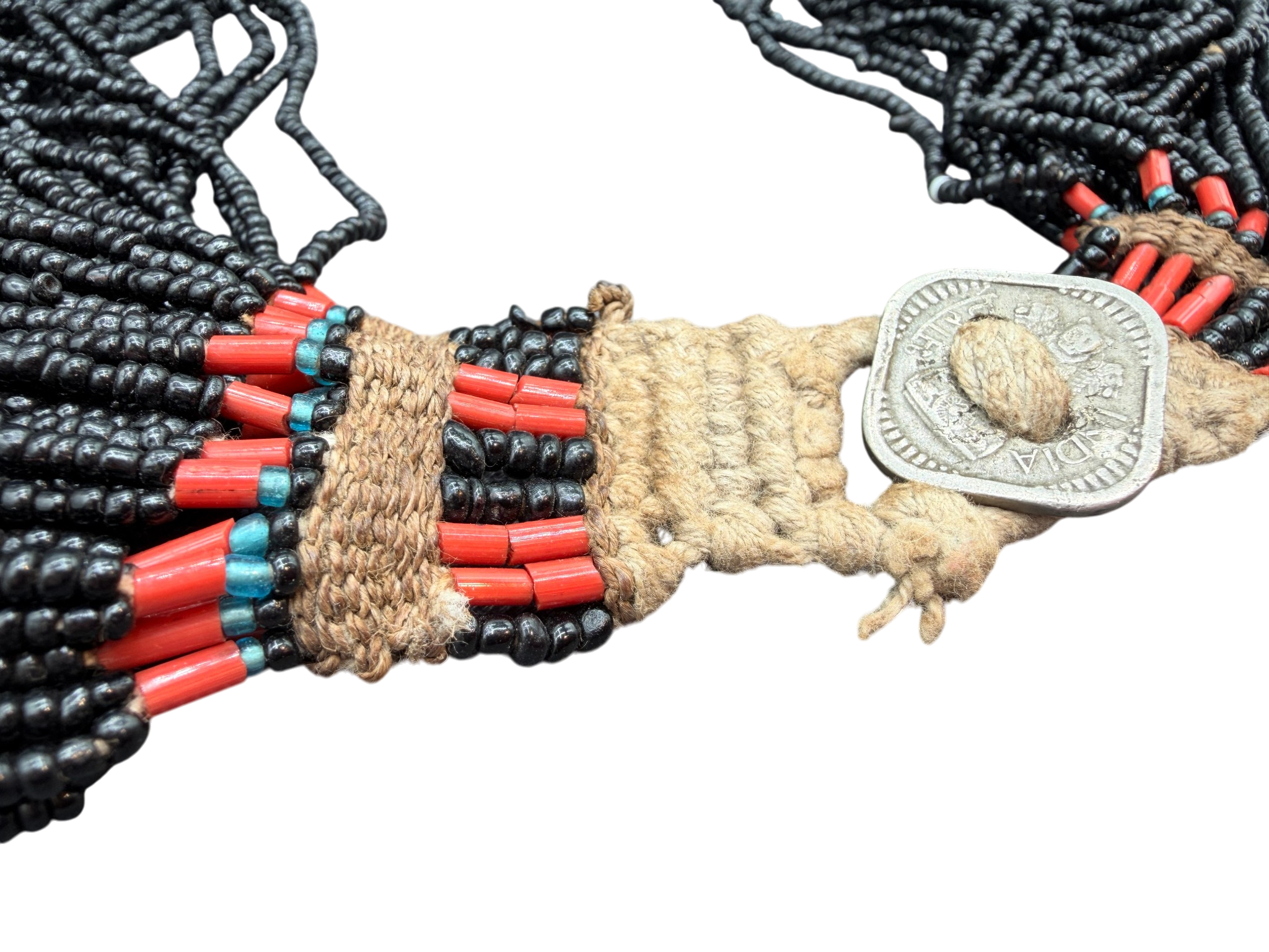 1970s Handmade 57-Strand Micro Black Glass Beaded Tribal Necklace with Coral Accents