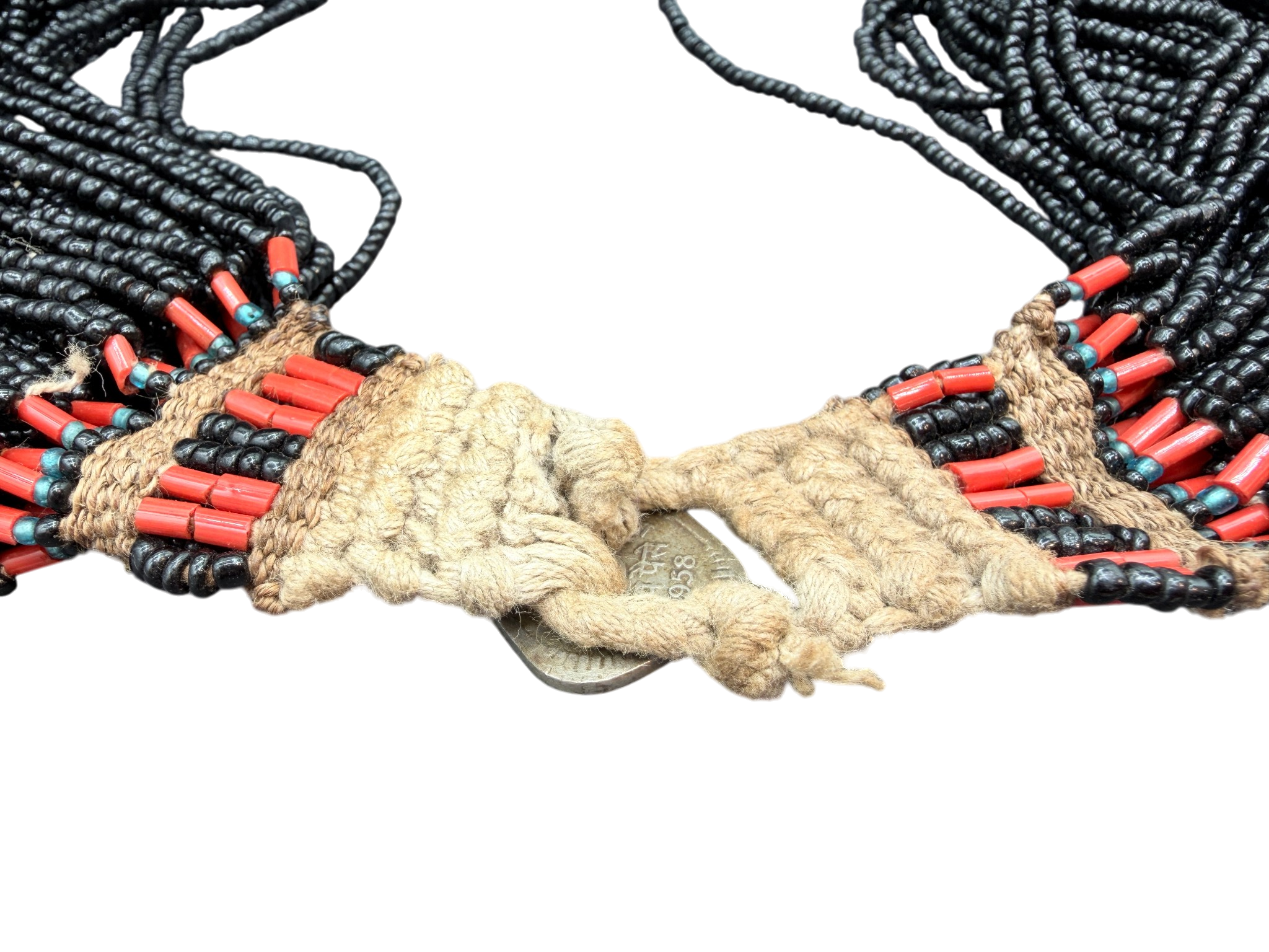 1970s Handmade 57-Strand Micro Black Glass Beaded Tribal Necklace with Coral Accents