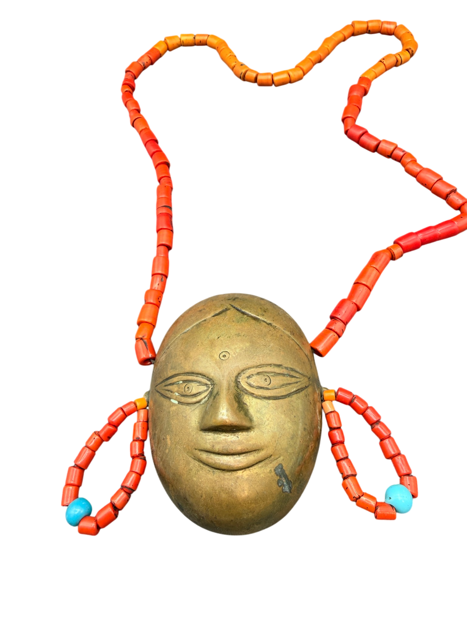 19c. Handmade Naga Orange Glass Trade Bead Necklace with Head Pendant