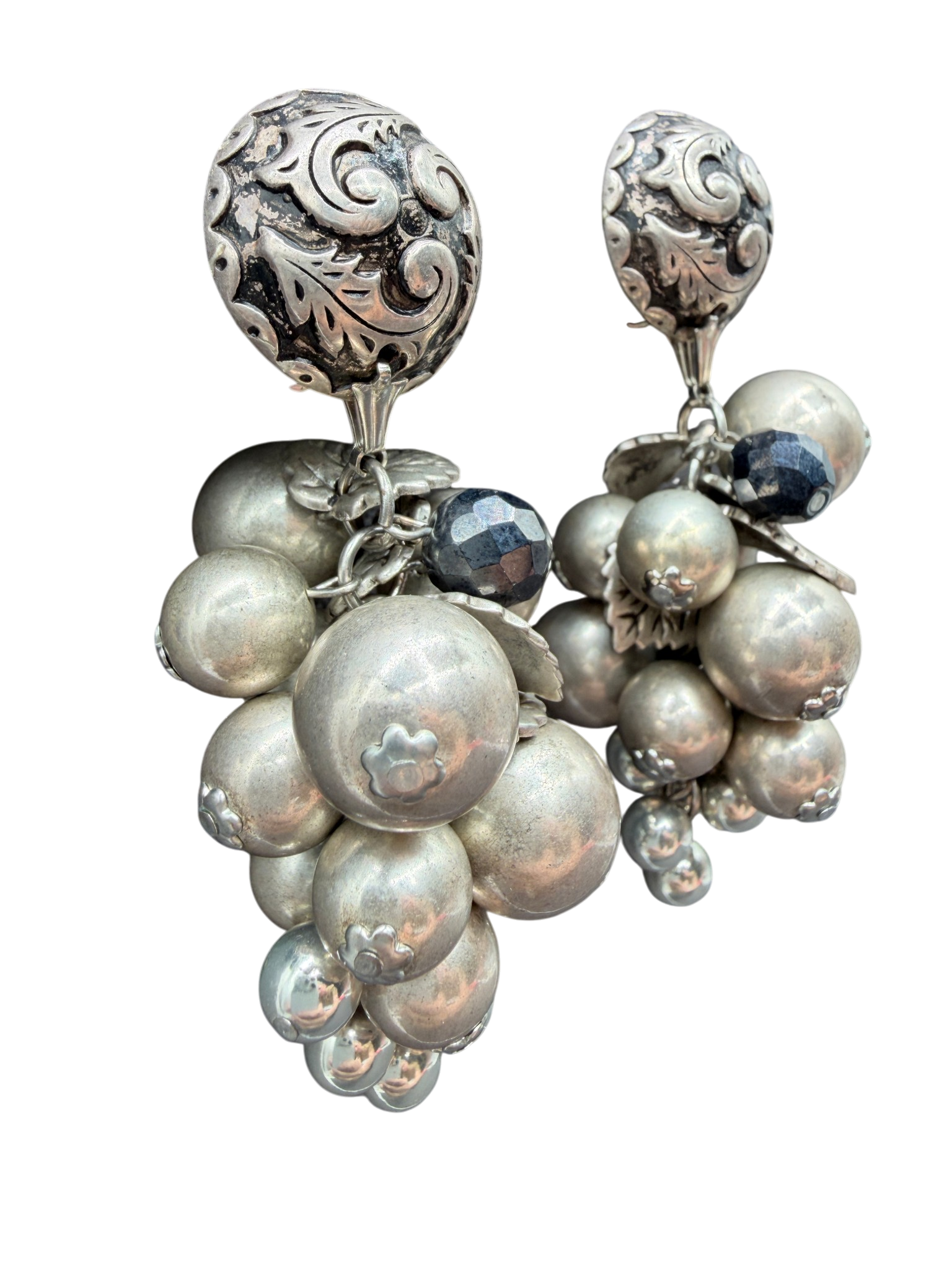 1970s Sterling Silver Grape Cluster Dangle Earrings with Thistle Leaf Detail