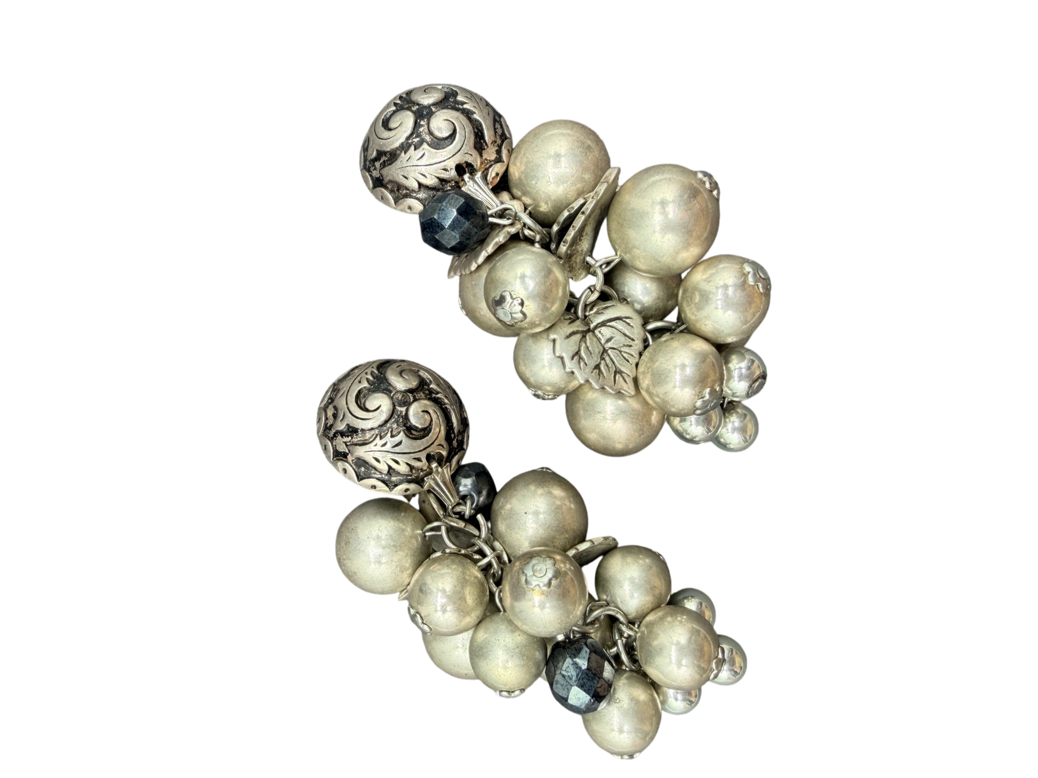 1980s Satellite Paris Sterling Silver Grape Cluster Dangle Earrings with Thistle Leaf Detail