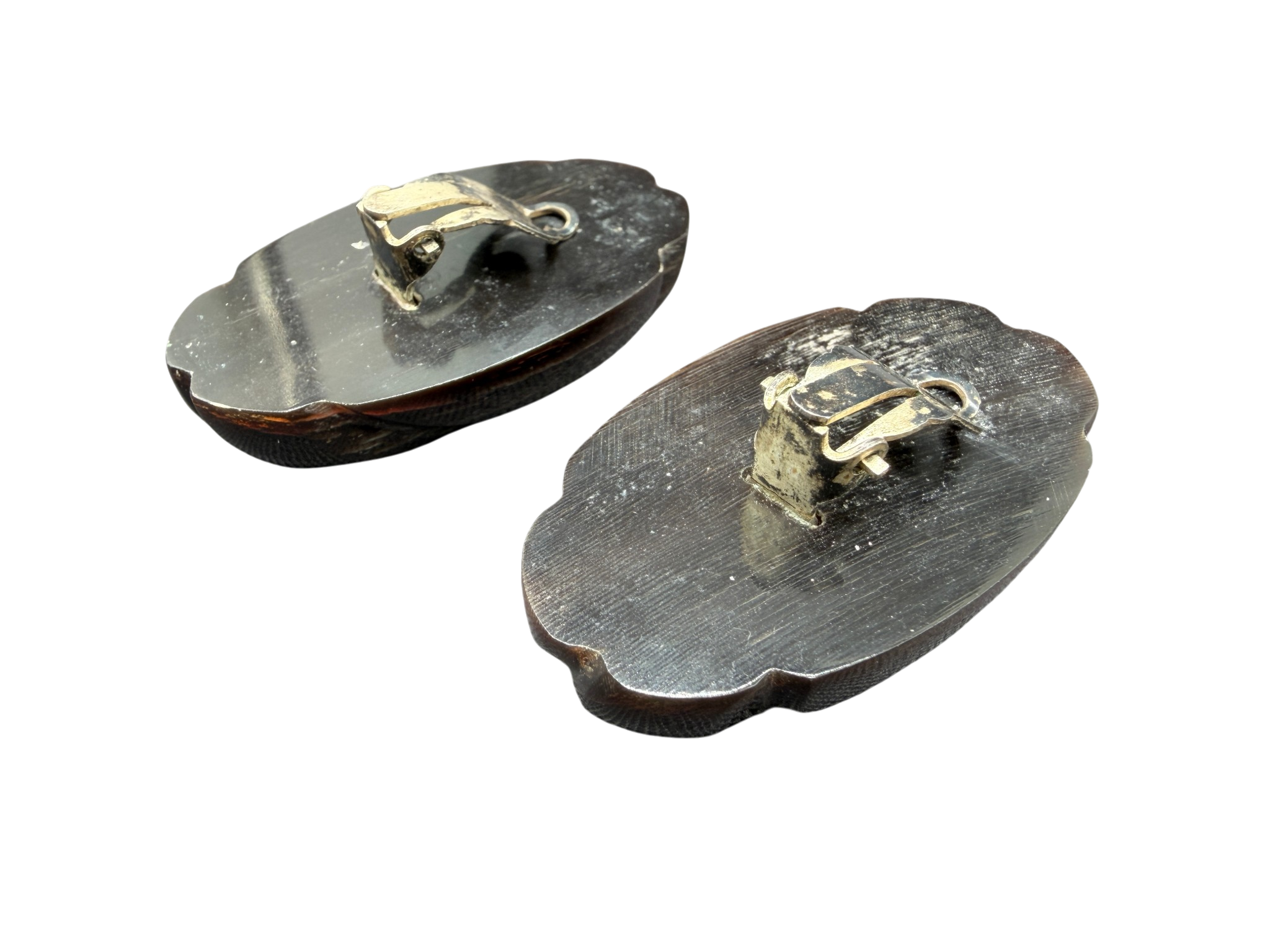 1960s Carved Black Horn Oval Clip Earrings