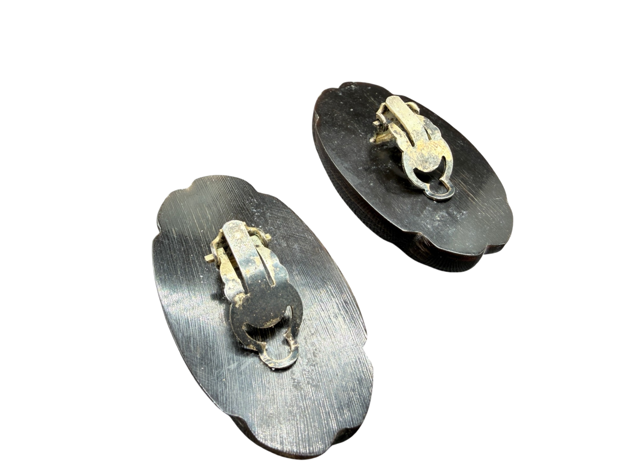 1960s Carved Black Horn Oval Clip Earrings