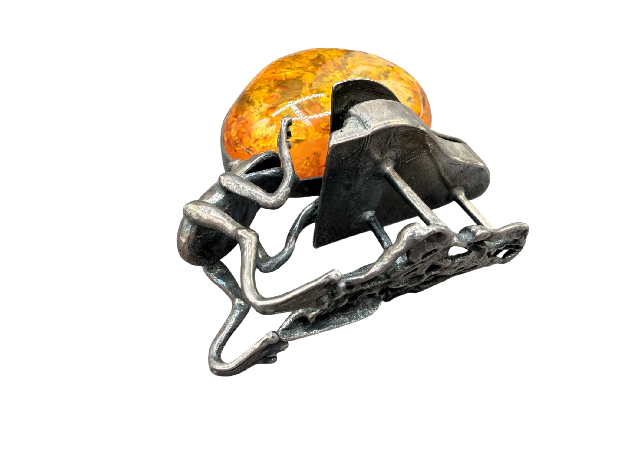 1960s Sterling Silver Frog Playing Piano Brooch with Amber Moon