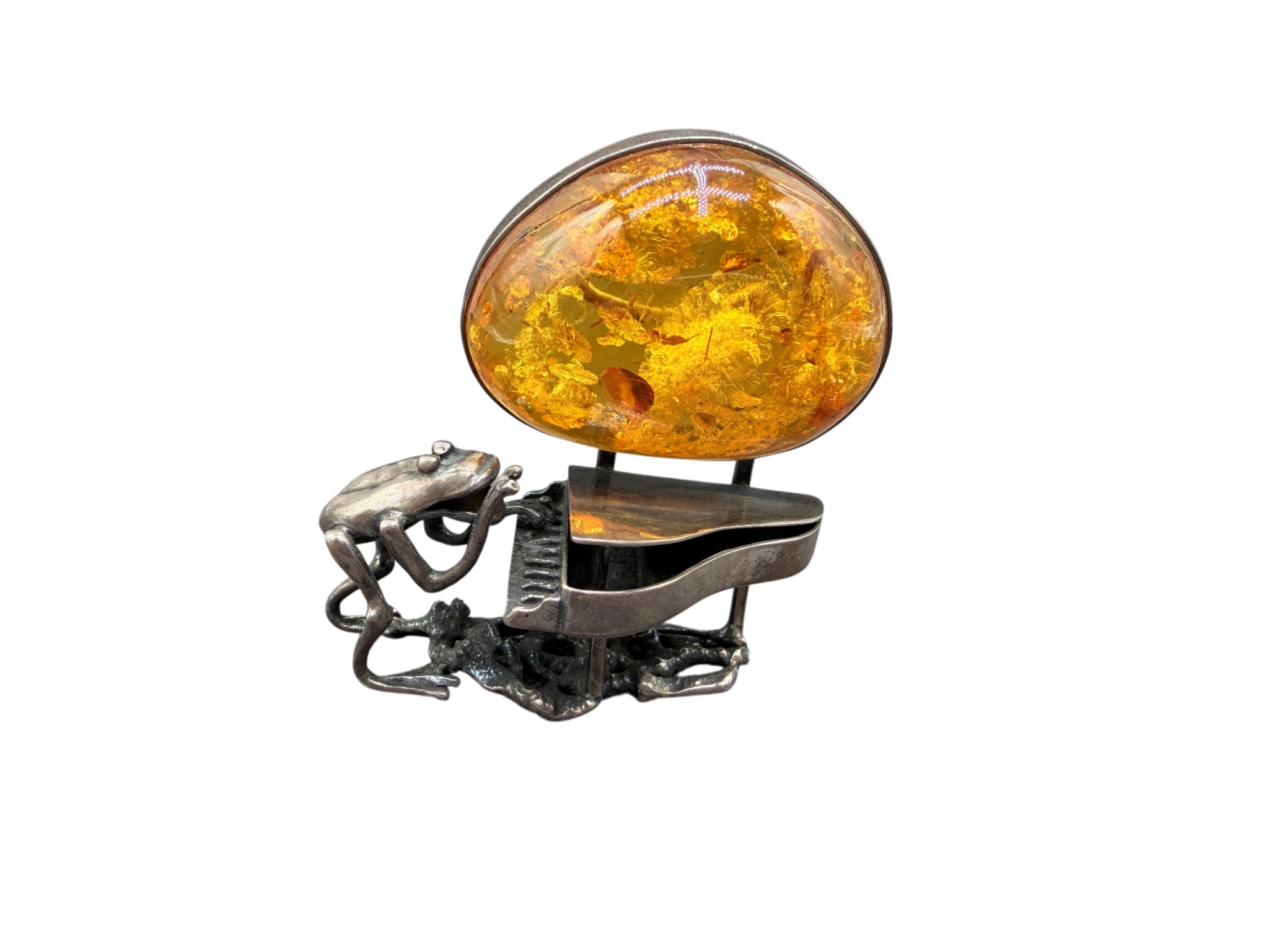 1960s Sterling Silver Frog Playing Piano Brooch with Amber Moon