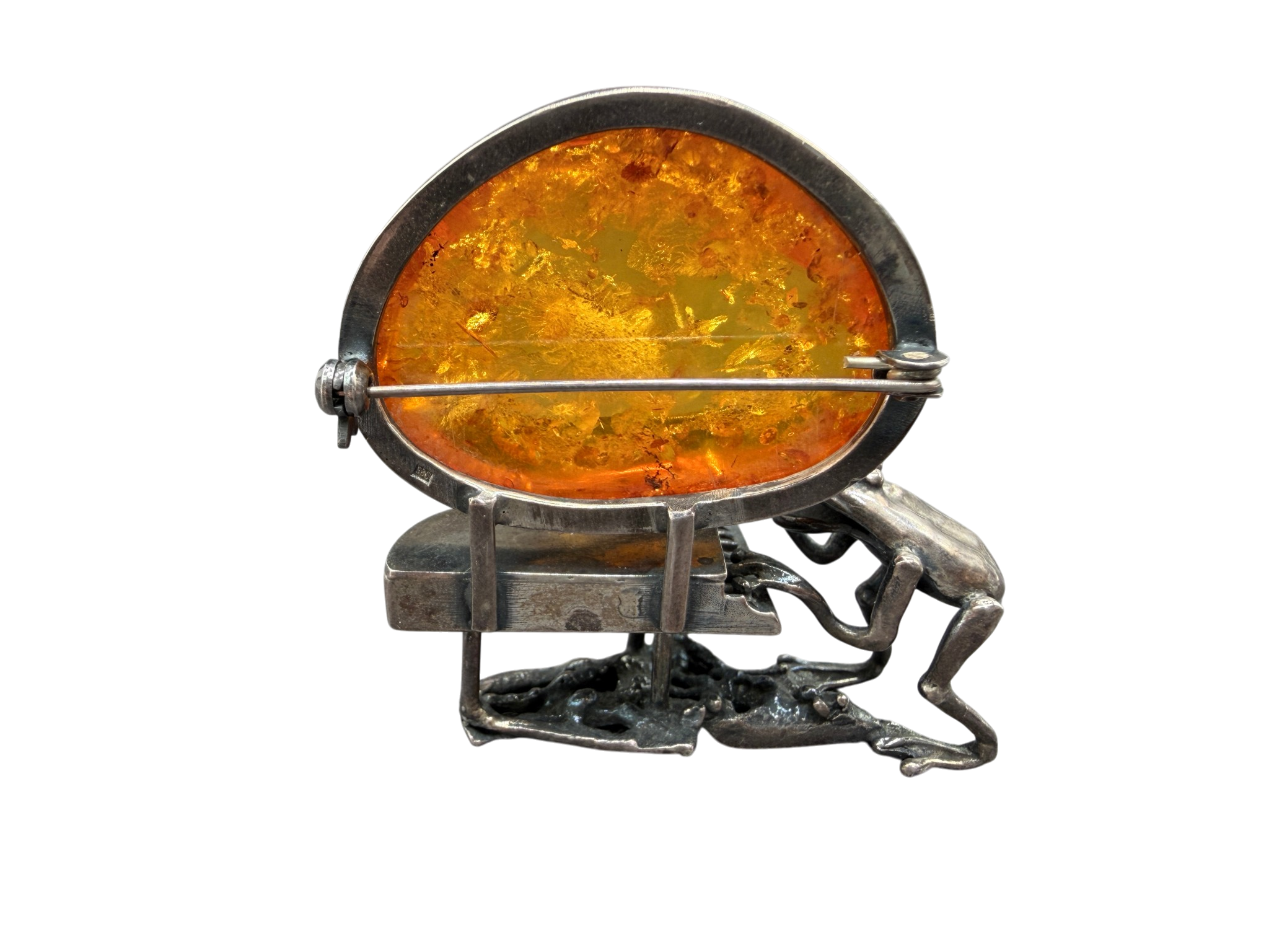 1960s Sterling Silver Frog Playing Piano Brooch with Amber Moon