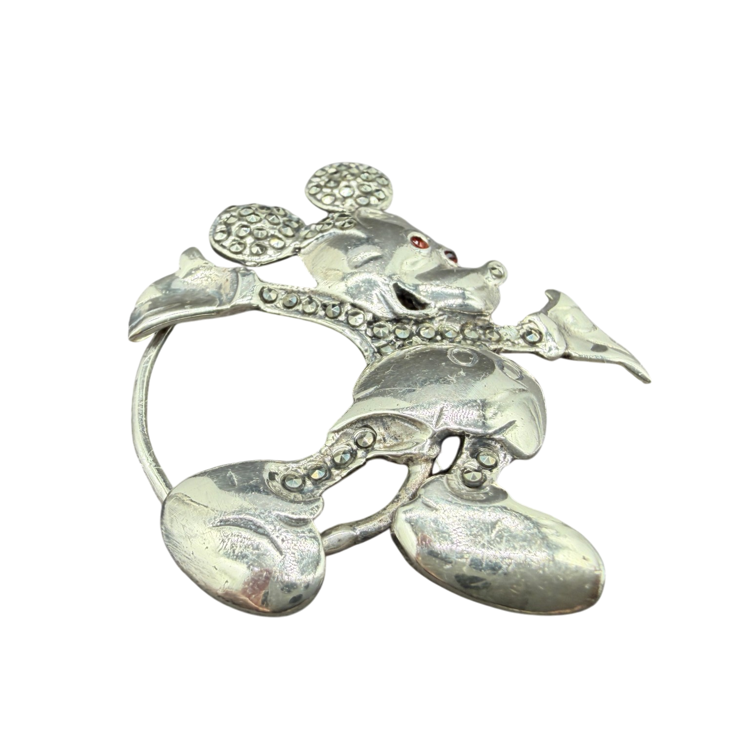 1970s Sterling Silver Mickey Mouse Brooch with Marcasite and Ruby Eyes