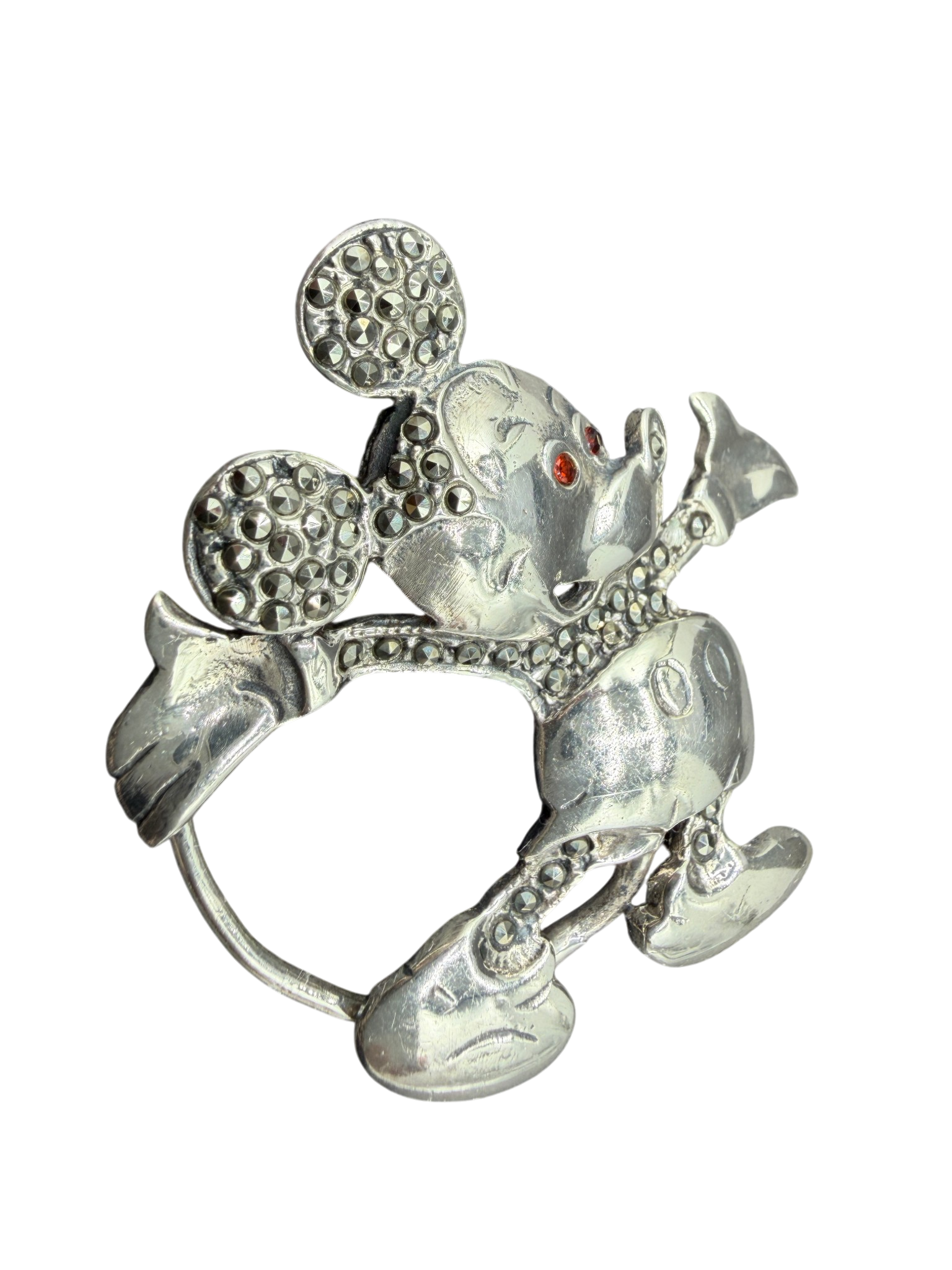 1970s Sterling Silver Mickey Mouse Brooch with Marcasite and Ruby Eyes