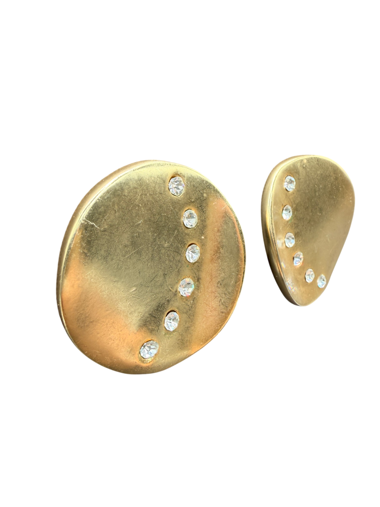 1980s Matte Gold-Tone Disc Clip Earrings with Rhinestone Arc