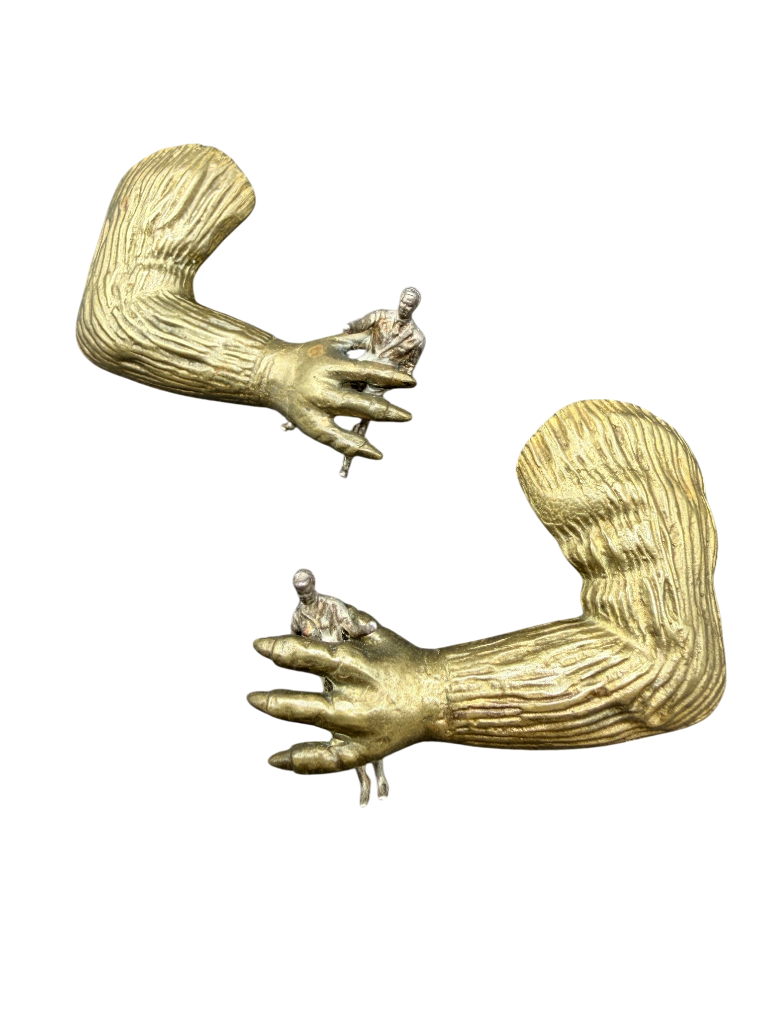 RARE 1970s Linda Hesh Figural “Monster Arm” Earrings with Miniature Figure