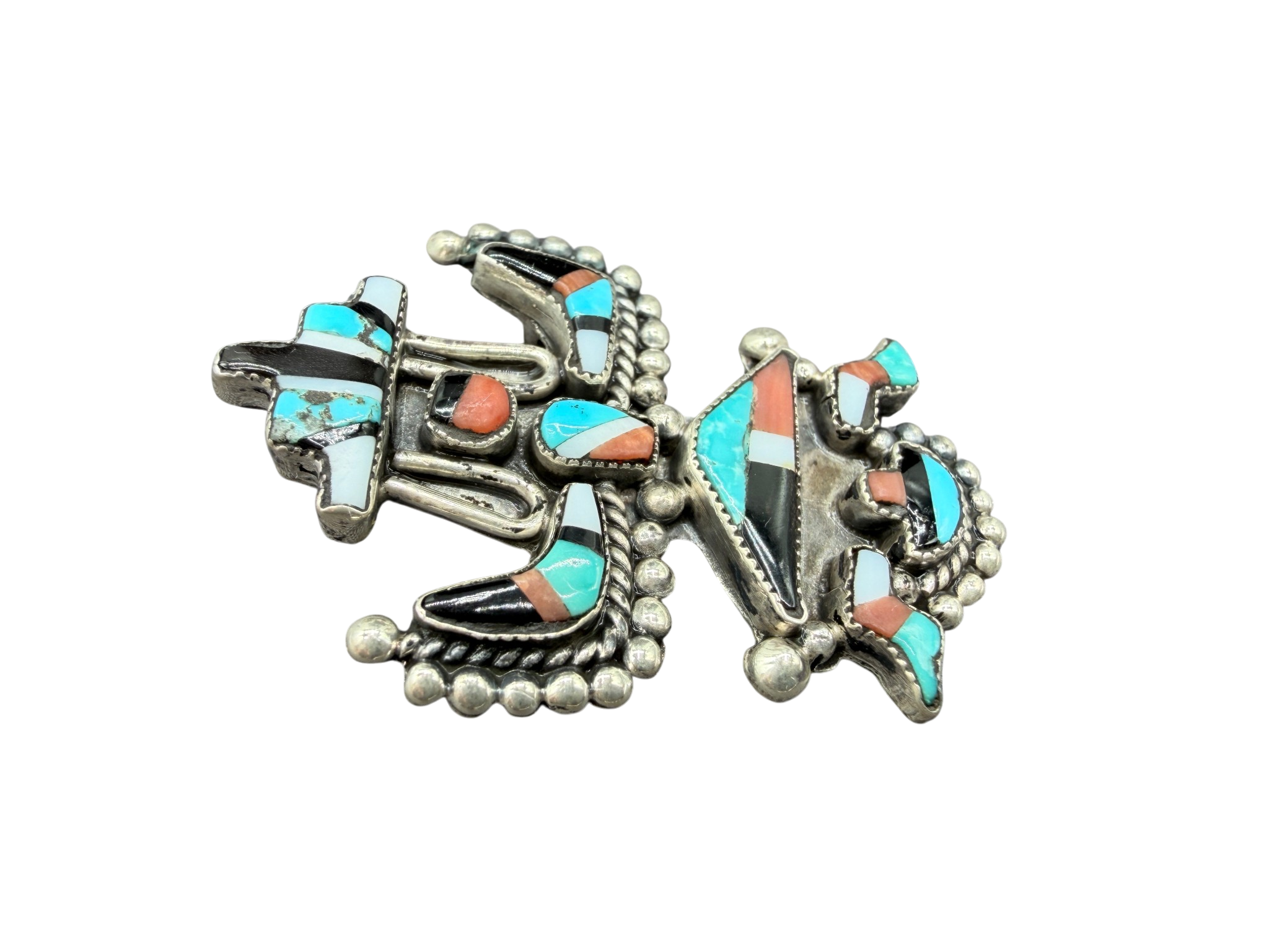 1970s Zuni Sterling Silver Multi-Stone Inlay “Dancing Figure” Brooch