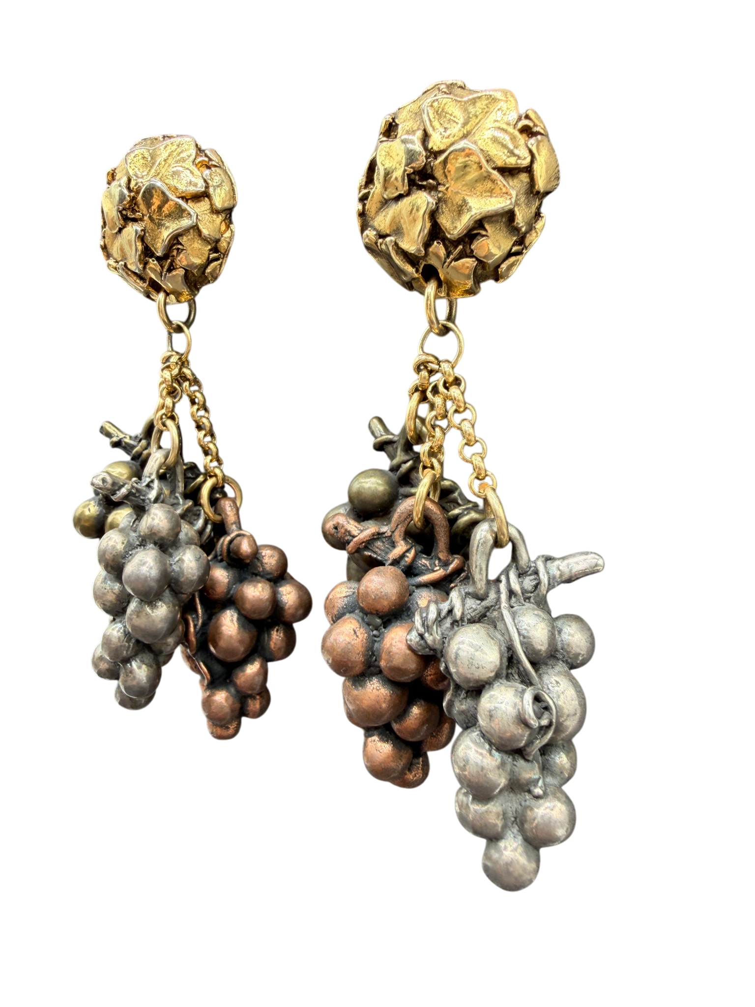 1950s Satellite Paris Multi-Metal Grape Dangle Clip-On Earrings