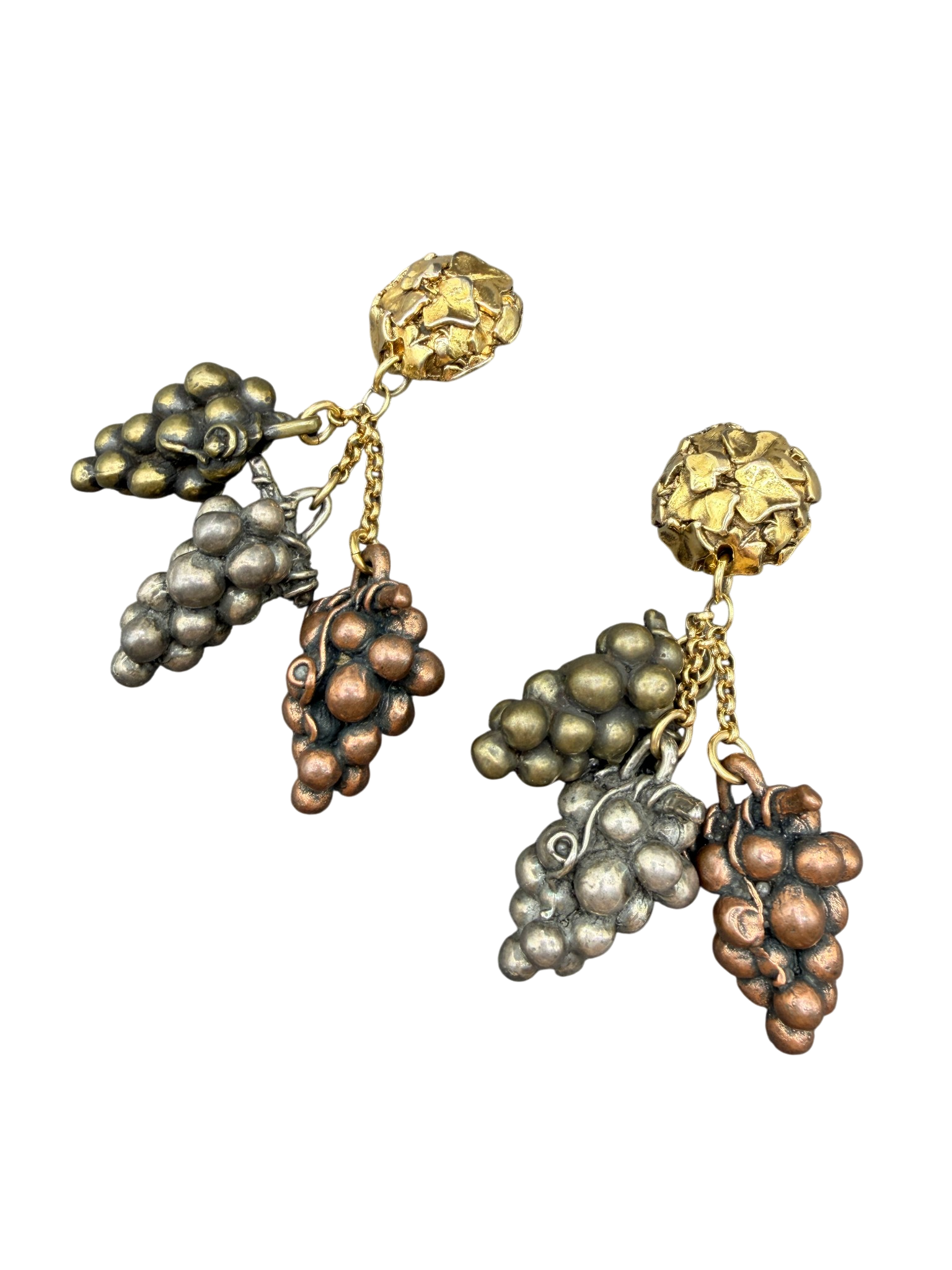 1950s Satellite Paris Multi-Metal Grape Dangle Clip-On Earrings