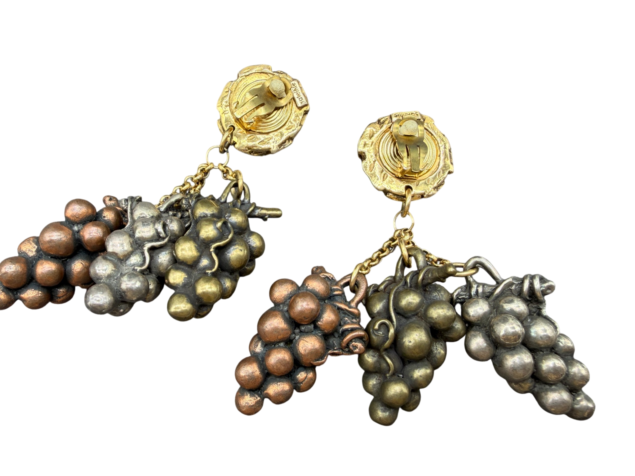 1950s Satellite Paris Multi-Metal Grape Dangle Clip-On Earrings