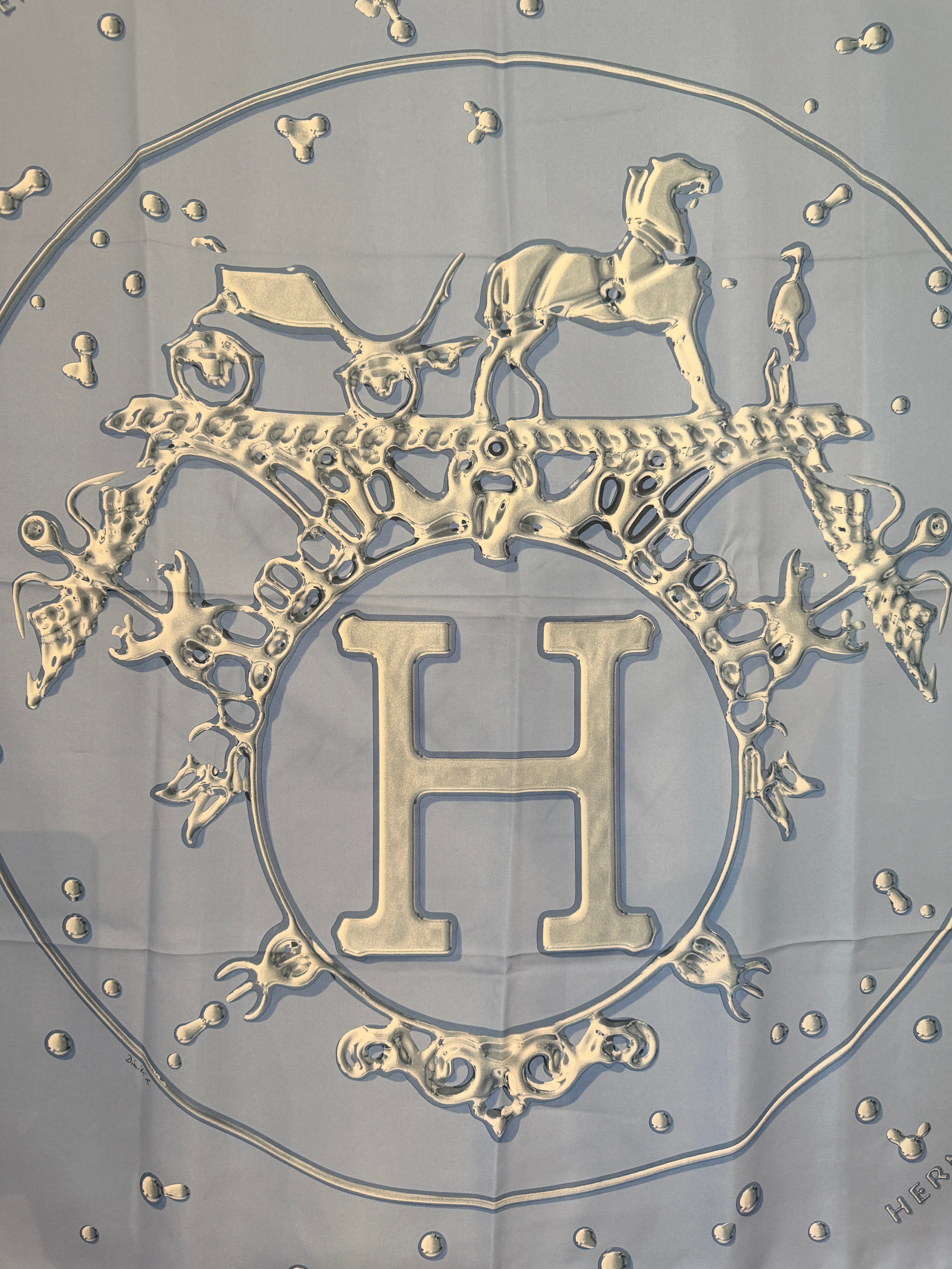 Hermès “Vif Argent” Pale Blue Silk Water Drop Horse Scarf