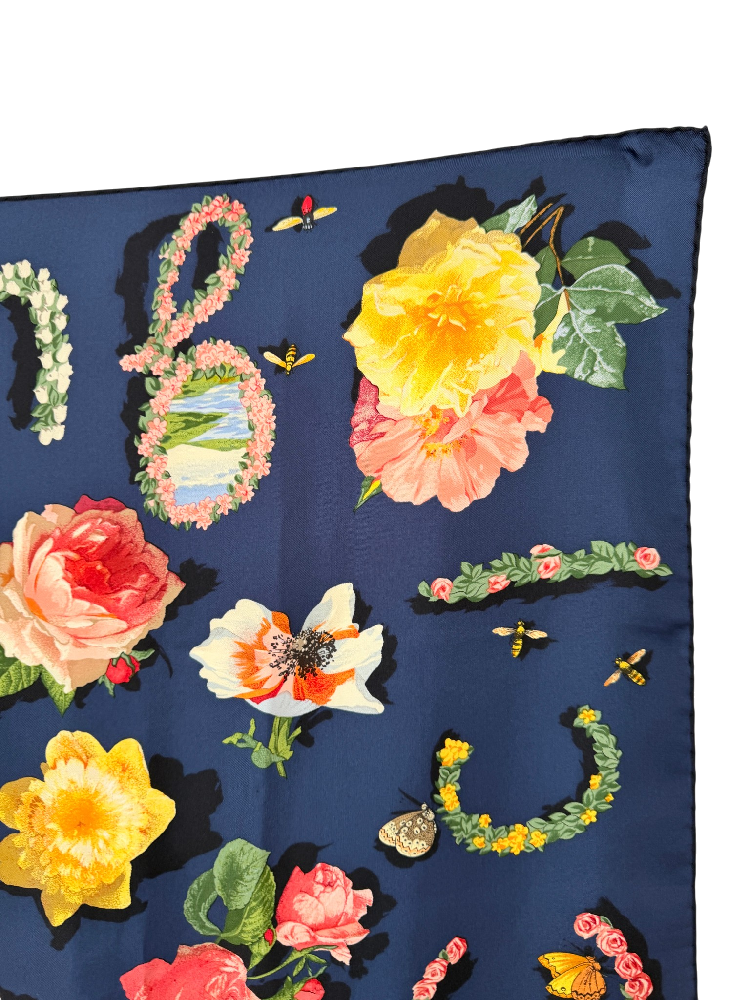 Gucci Navy Silk Scarf with Floral Design
