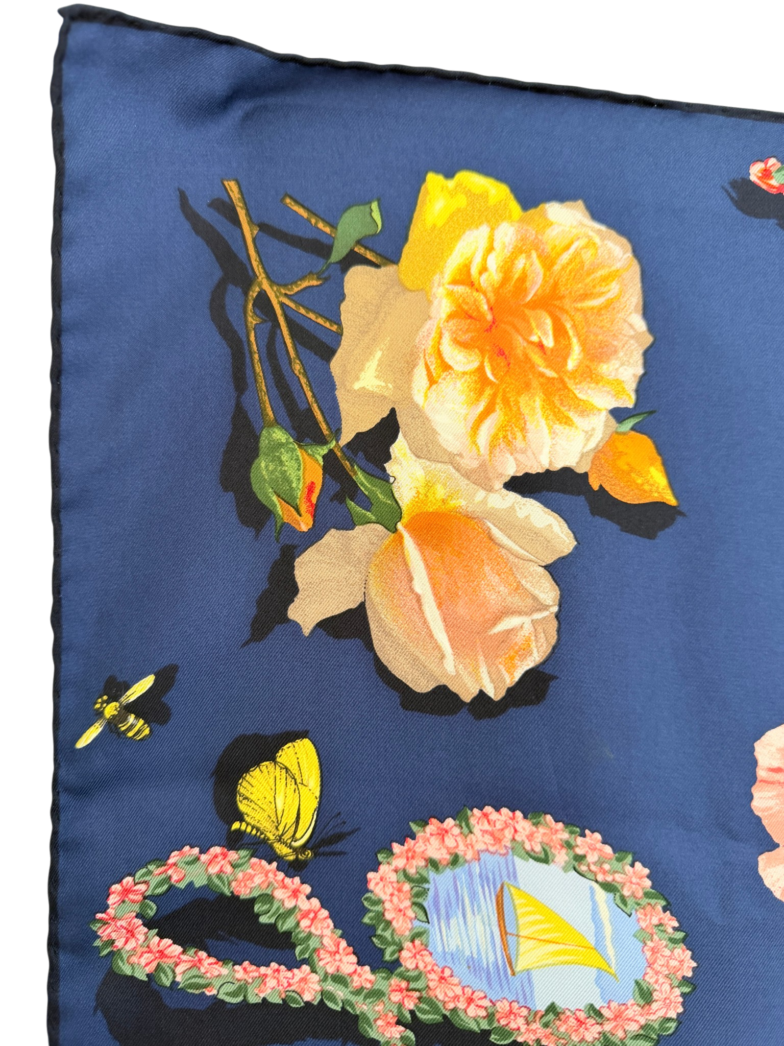 Gucci Navy Silk Scarf with Floral Design