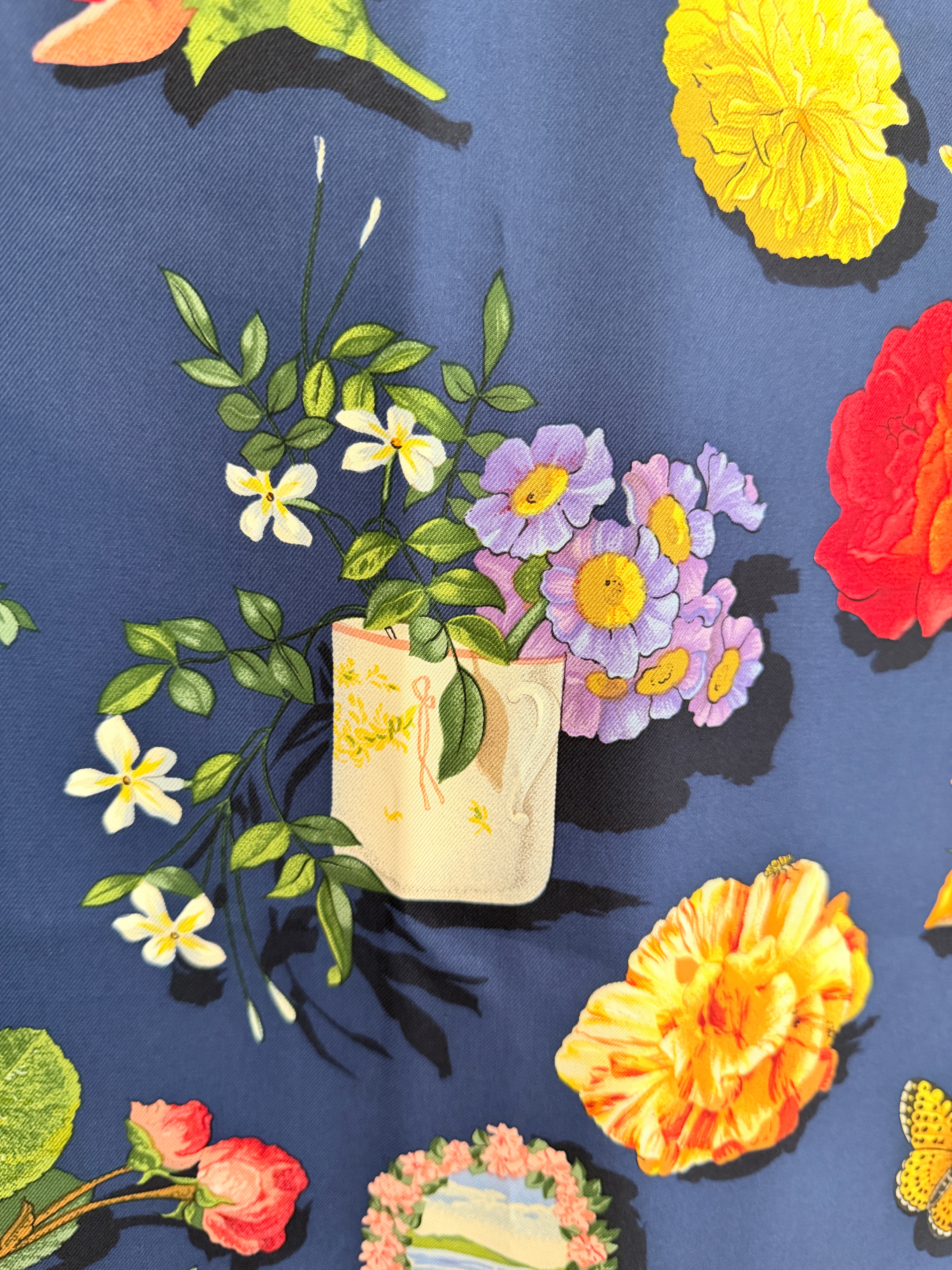 Gucci Navy Silk Scarf with Floral Design