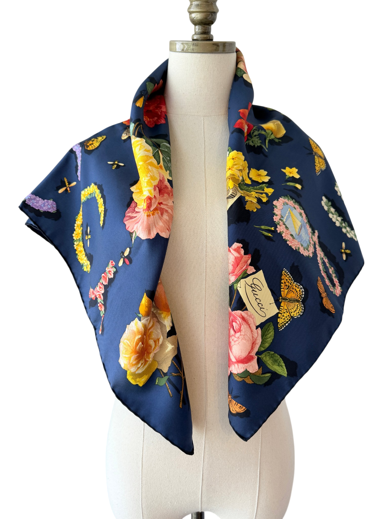 Gucci Navy Silk Scarf with Floral Design