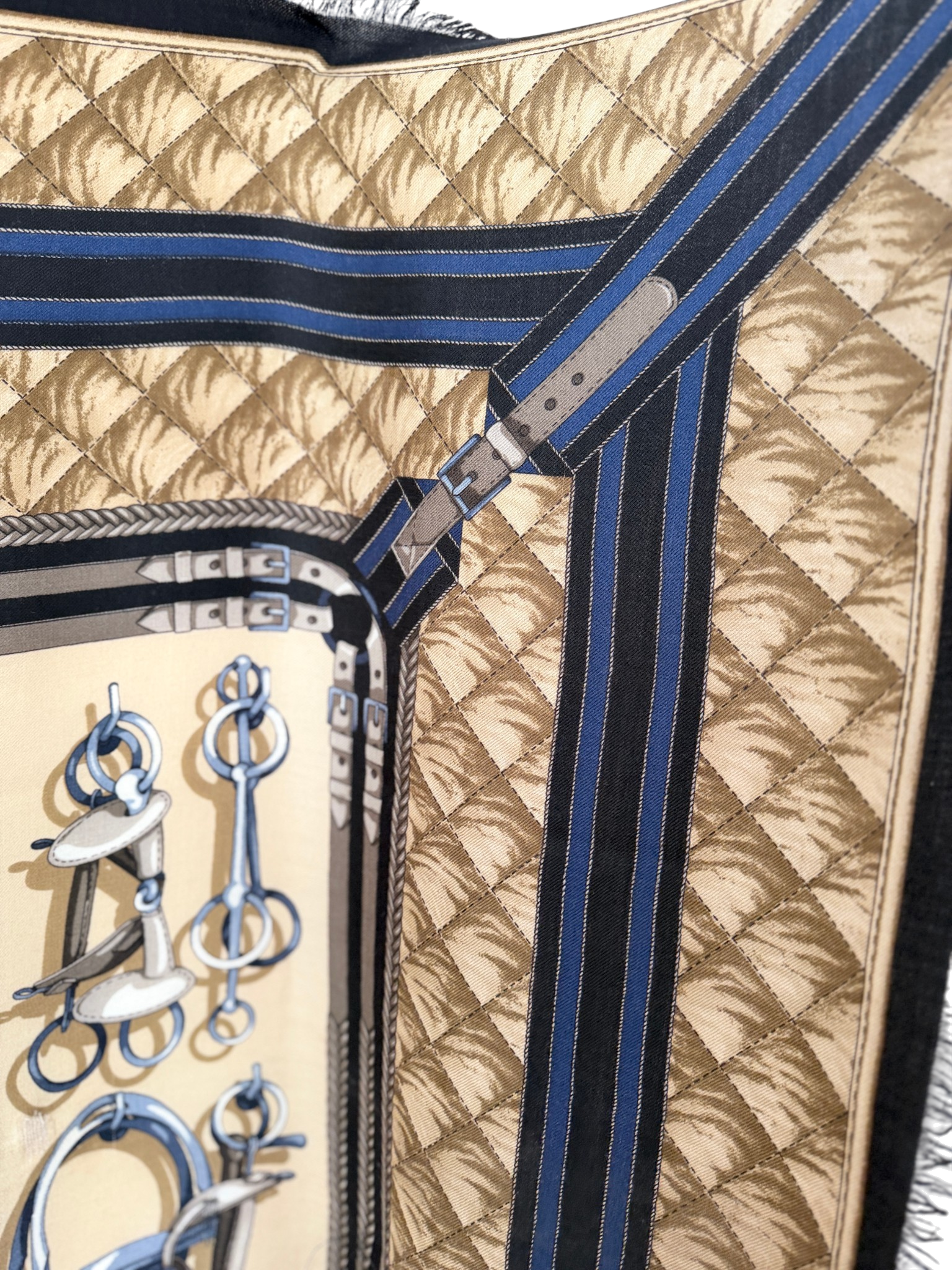 Gucci Navy & Beige Equestrian Cashmere Large Shawl
