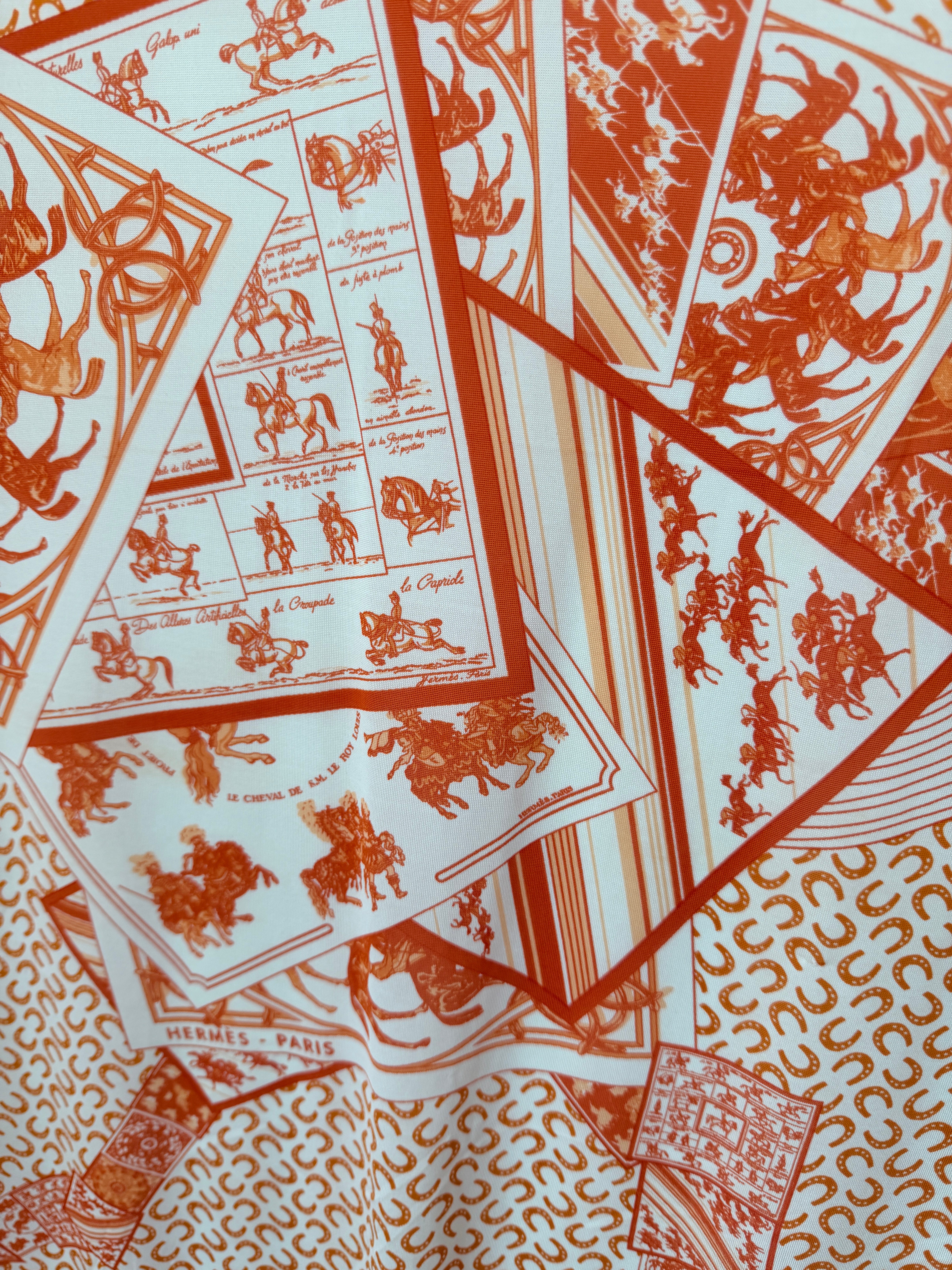 Hermès “À Cheval sur Mon Carré” Orange & White Silk Stretch Scarf