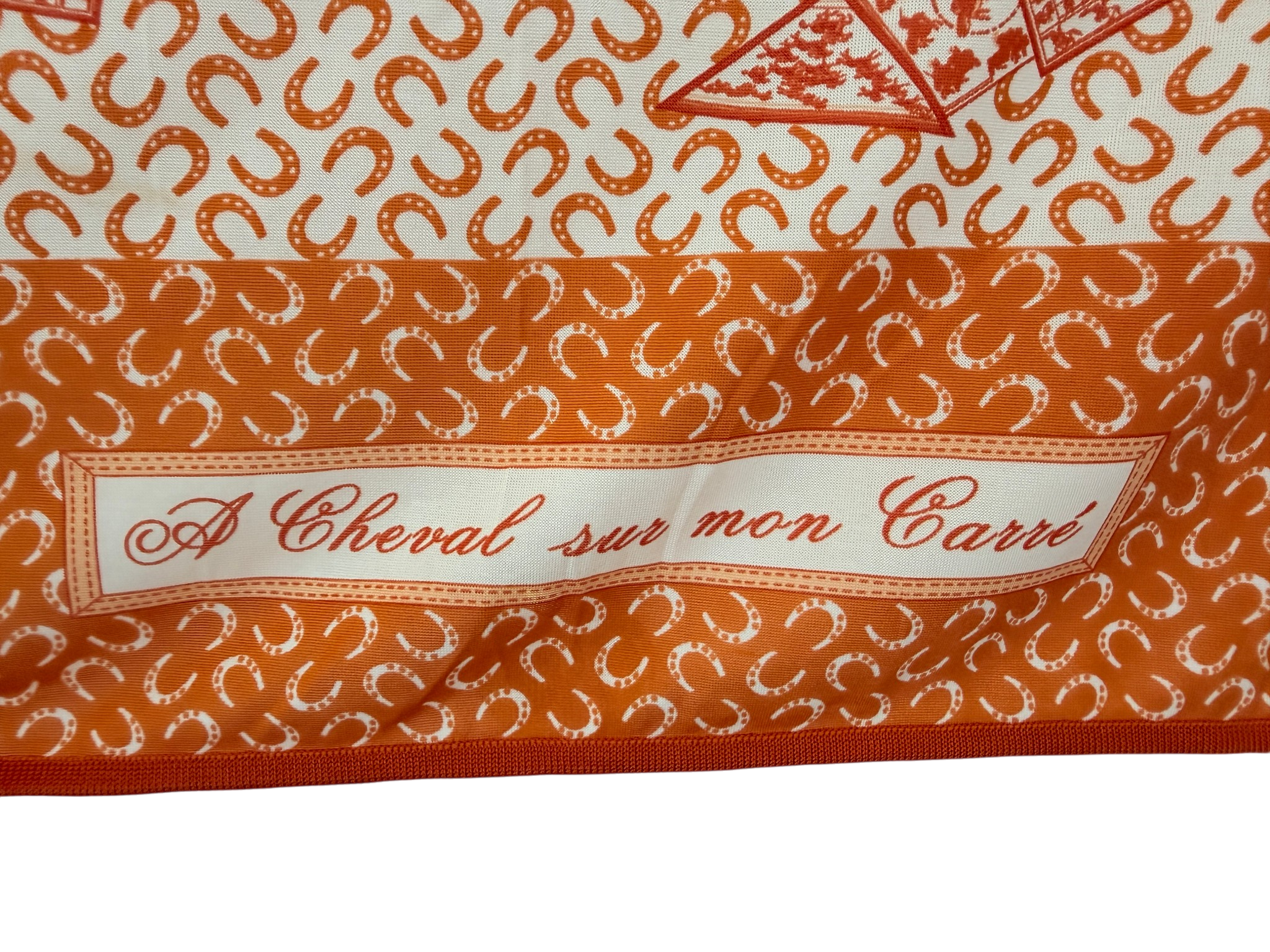 Hermès “À Cheval sur Mon Carré” Orange & White Silk Stretch Scarf