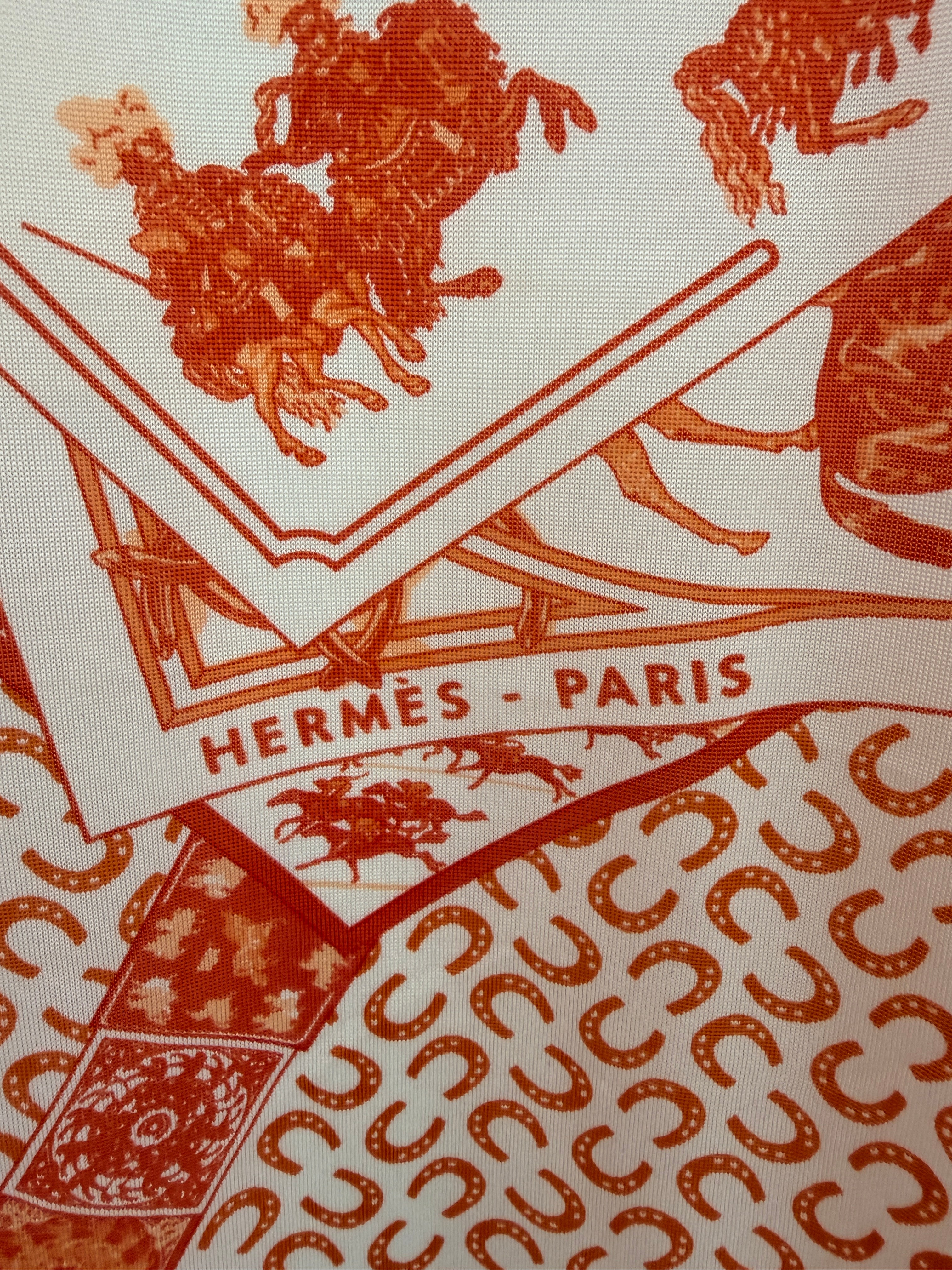 Hermès “À Cheval sur Mon Carré” Orange & White Silk Stretch Scarf