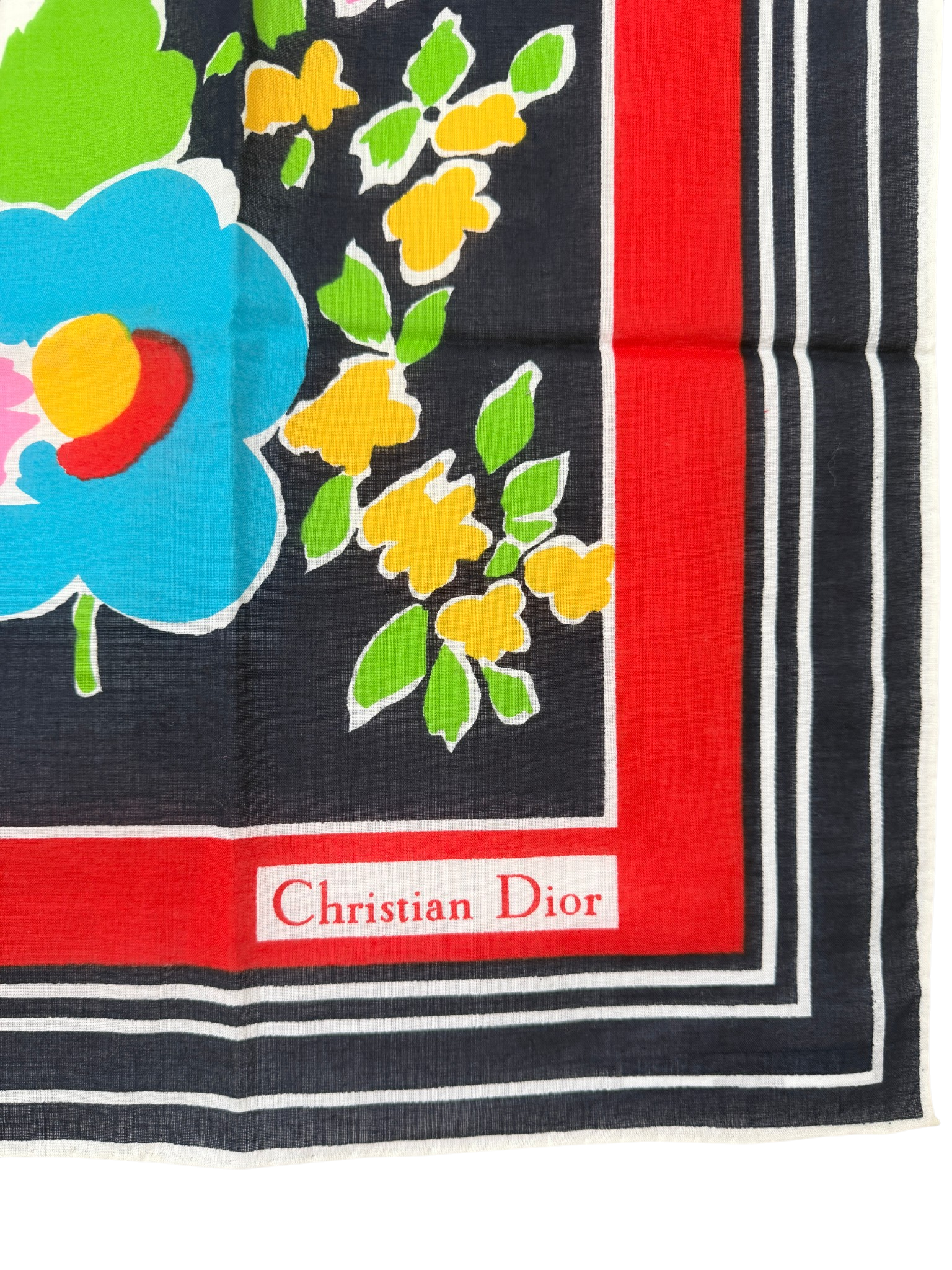 Christian Dior Navy & Red Cotton Band Scarf with Floral Center