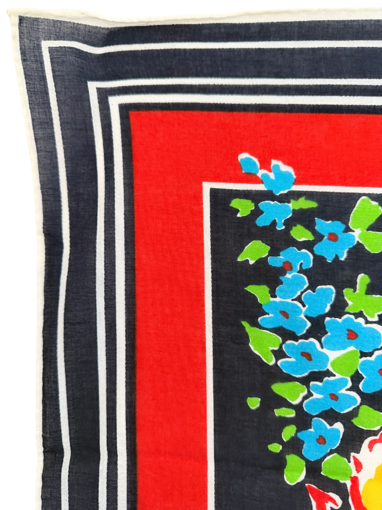 Christian Dior Navy & Red Cotton Band Scarf with Floral Center
