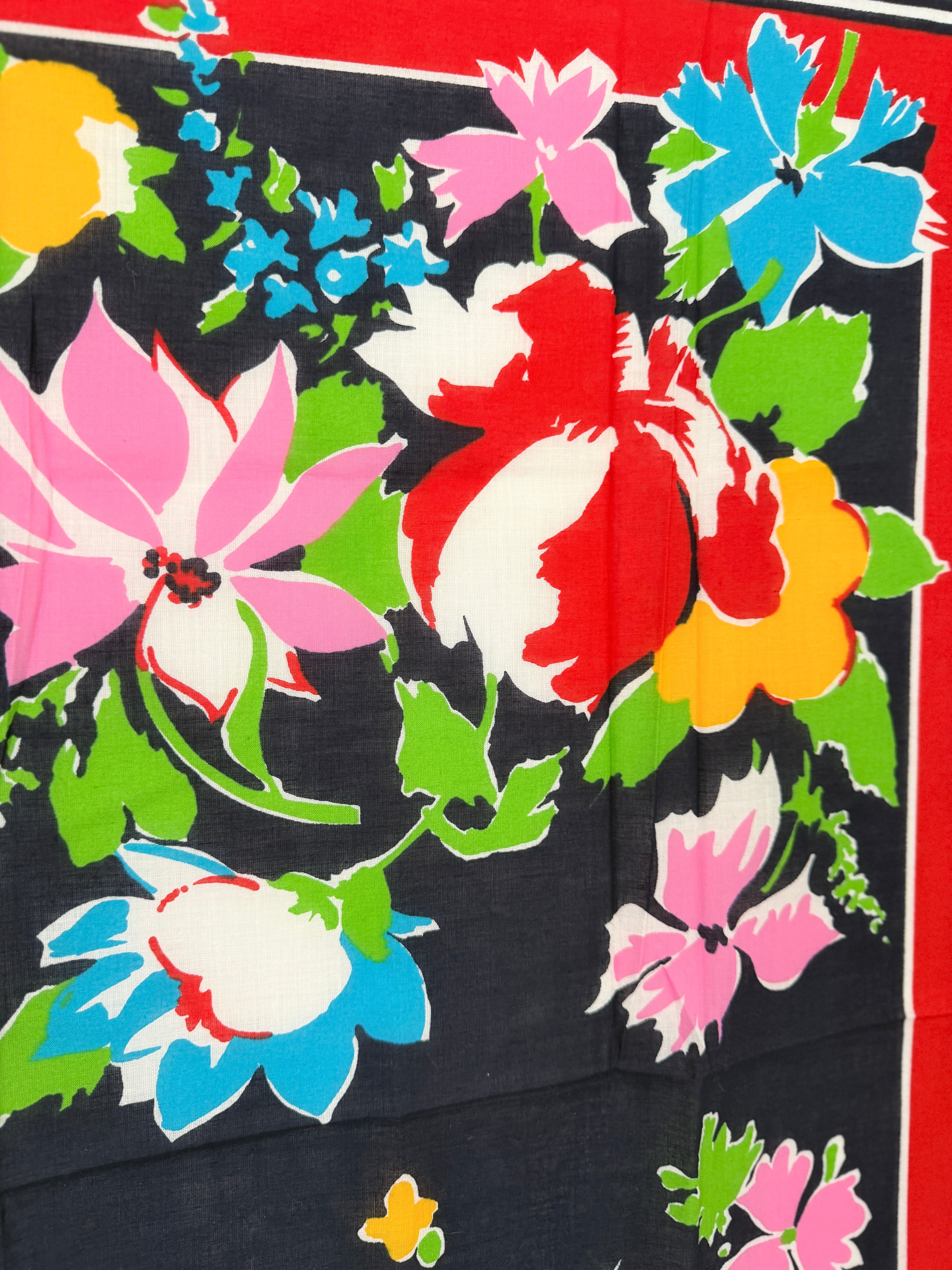 Christian Dior Navy & Red Cotton Band Scarf with Floral Center