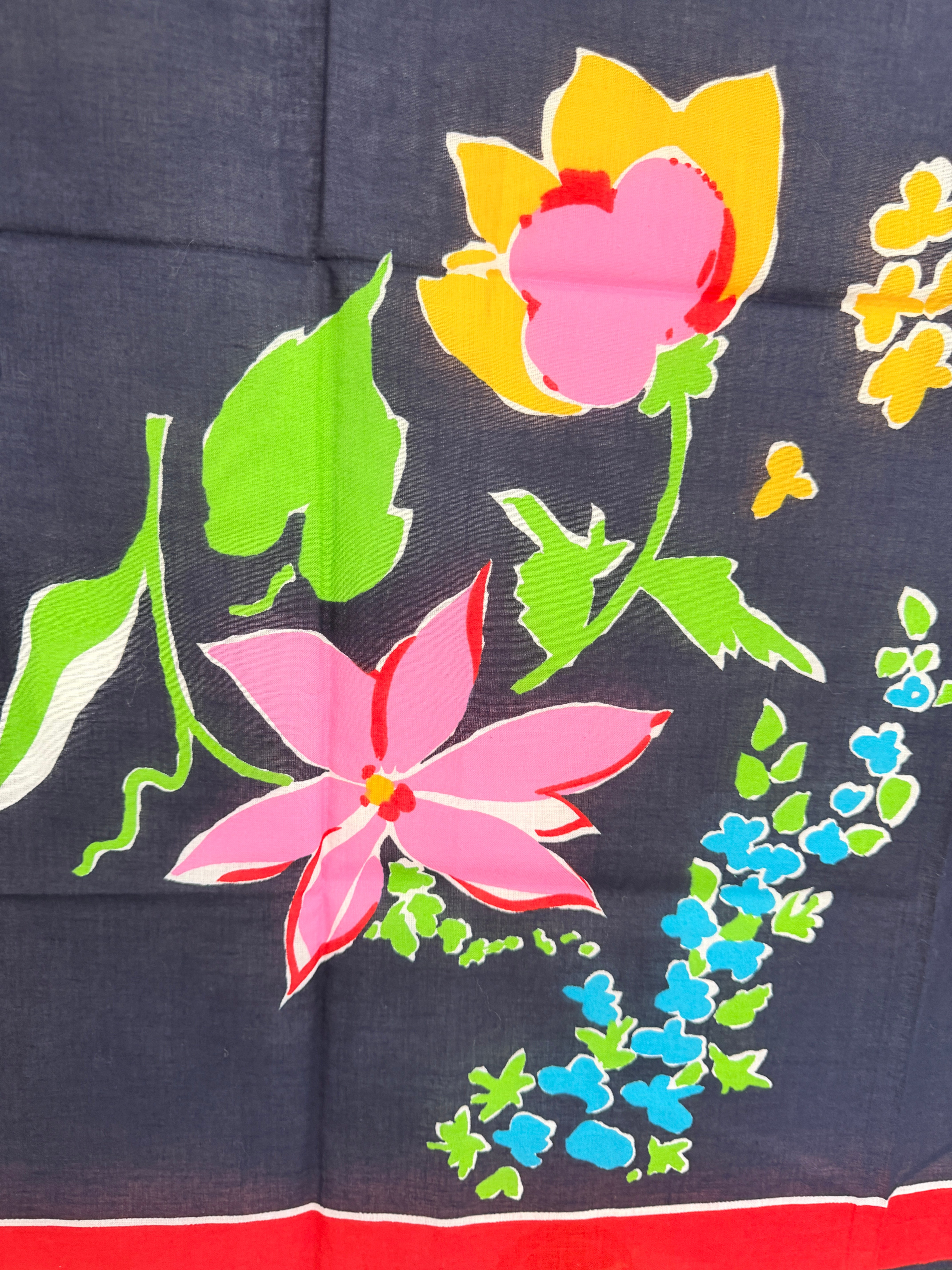 Christian Dior Navy & Red Cotton Band Scarf with Floral Center