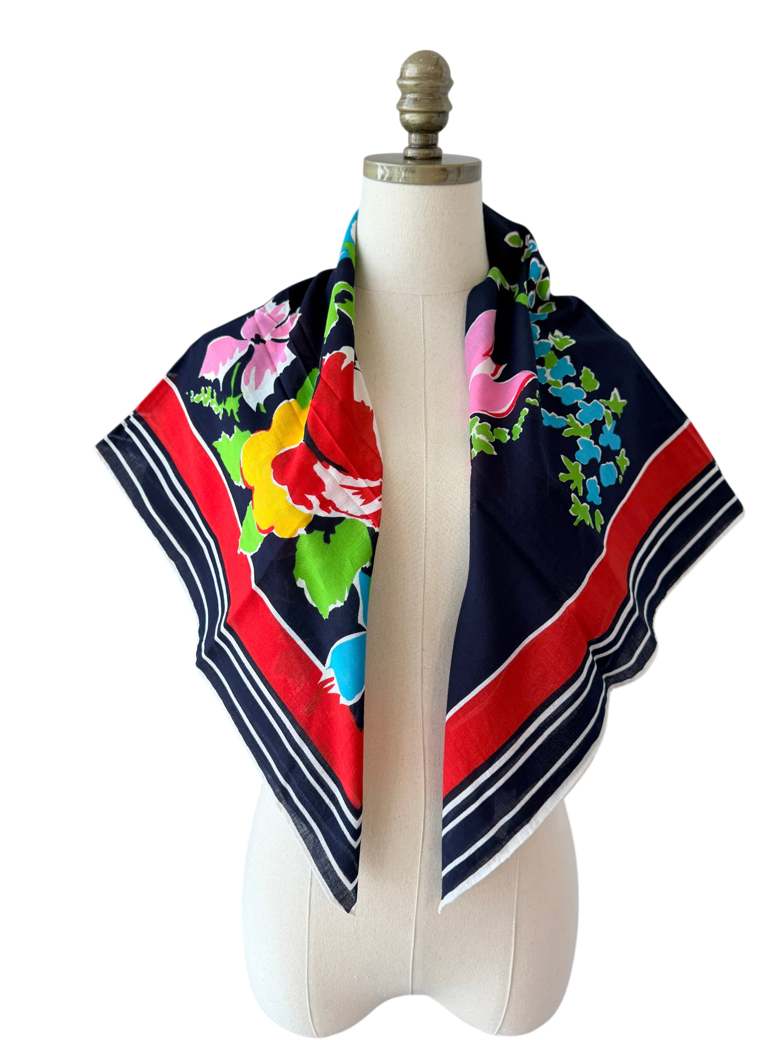 Christian Dior Navy & Red Cotton Band Scarf with Floral Center