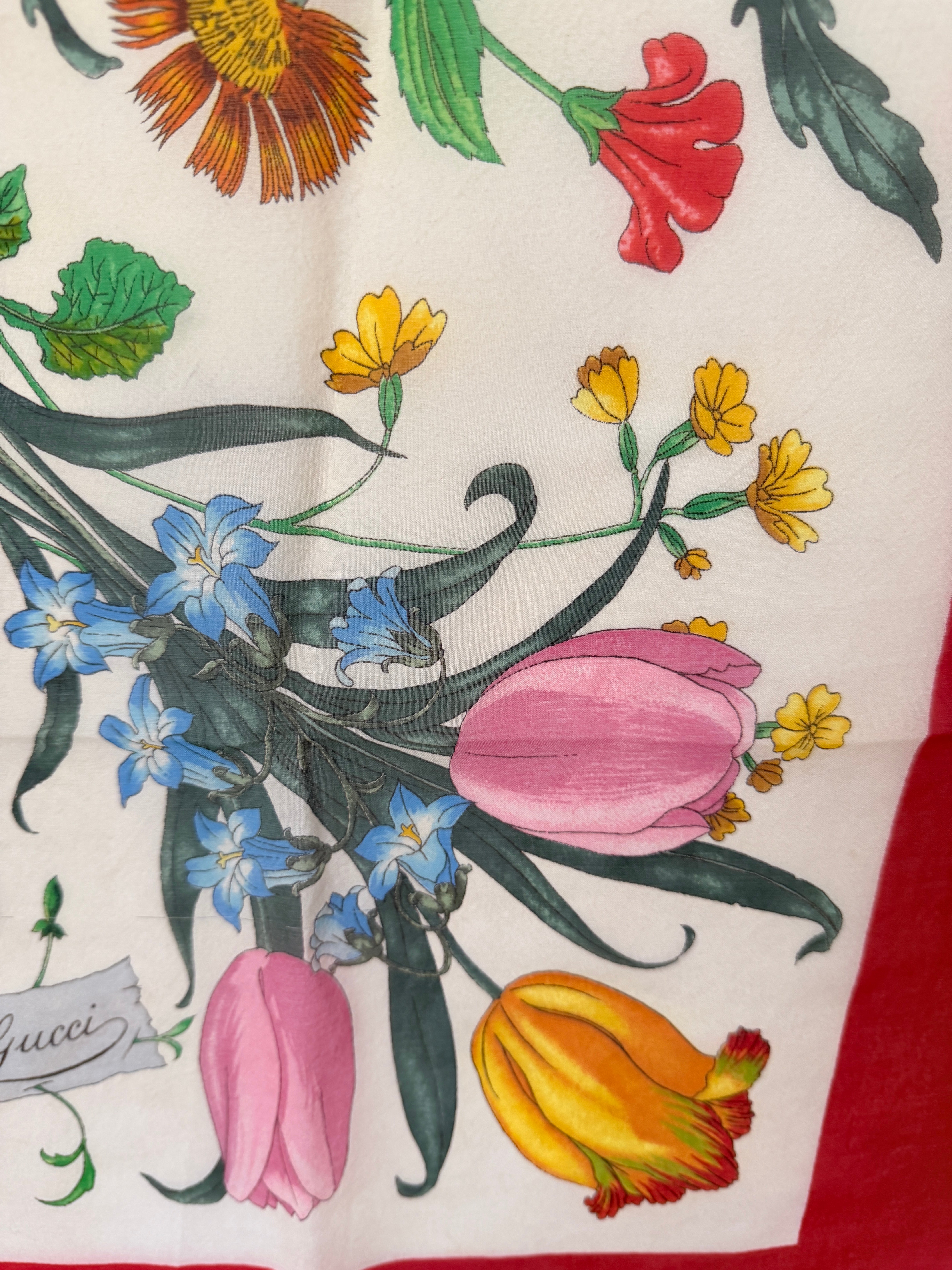 1970s Authentic Gucci Floral Silk Scarf with Red Trim