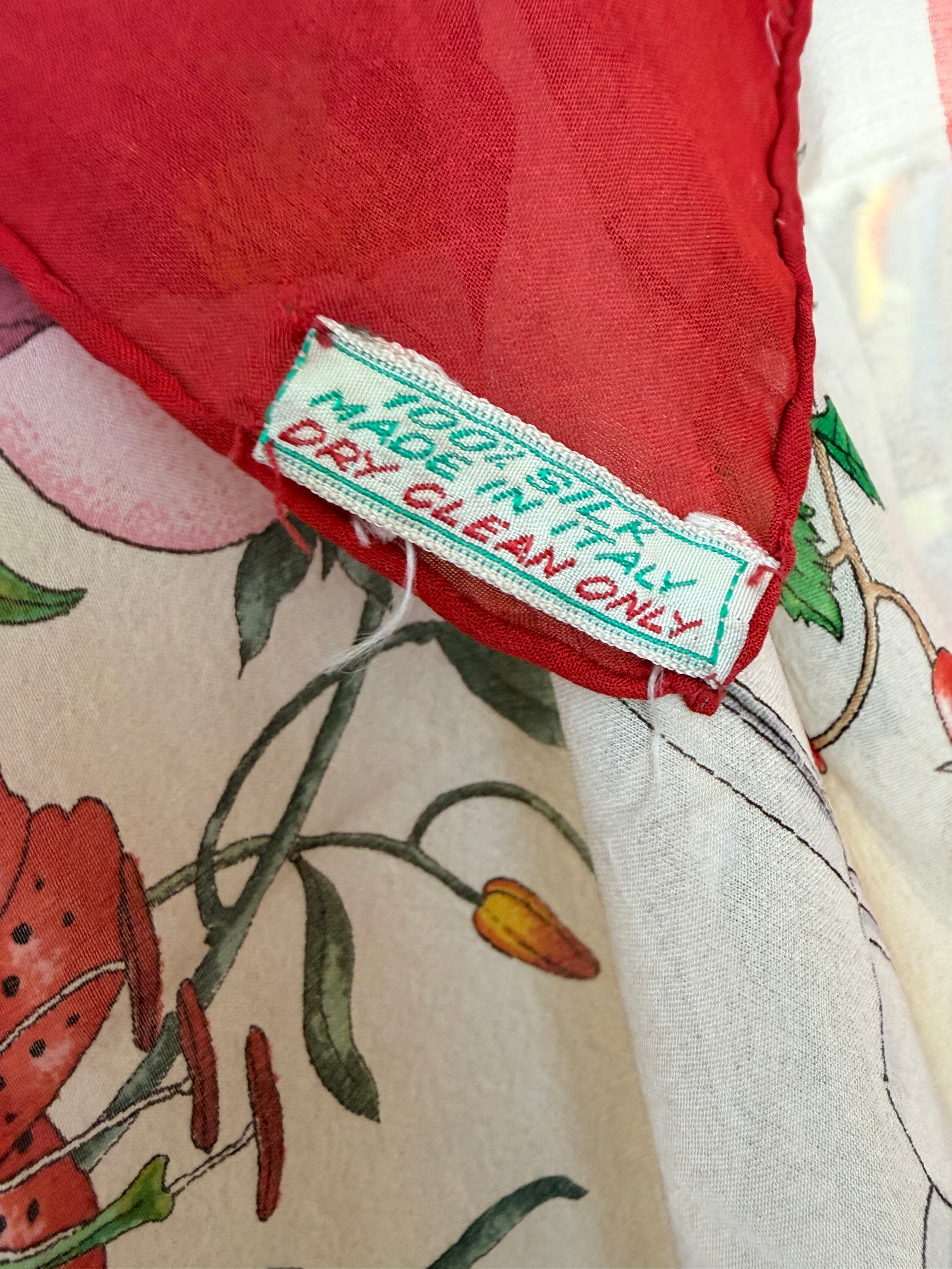 1970s Authentic Gucci Floral Silk Scarf with Red Trim