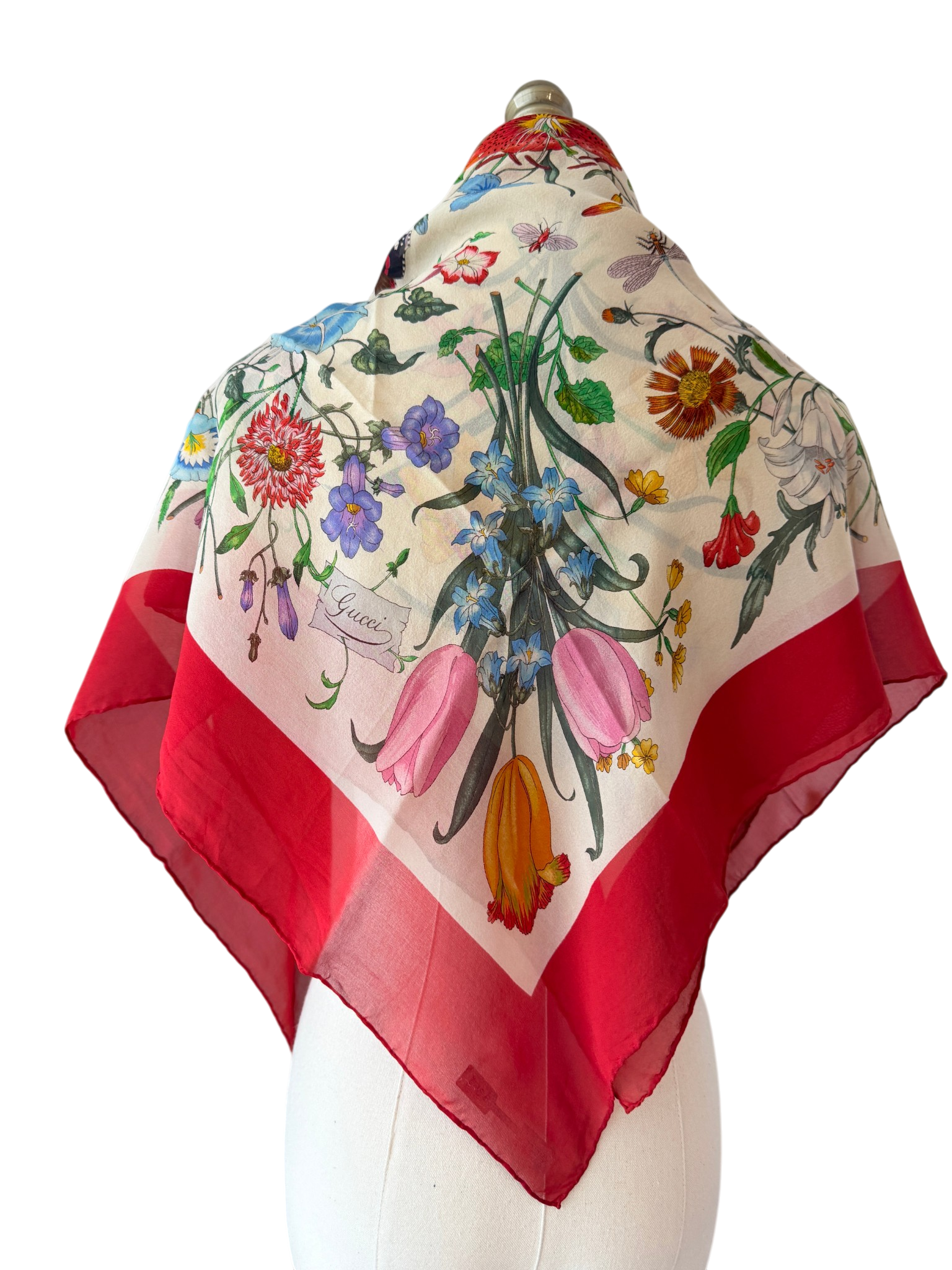 1970s Authentic Gucci Floral Silk Scarf with Red Trim