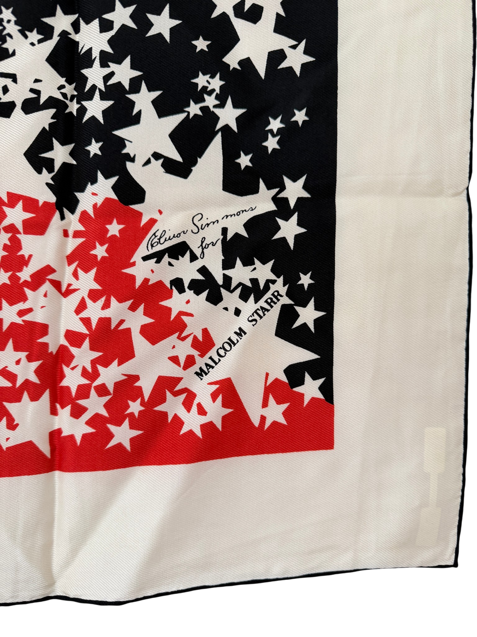 Rare Elinor Simmons for Malcolm Starr Ivory Silk Scarf with Red, Blue & Star Motif