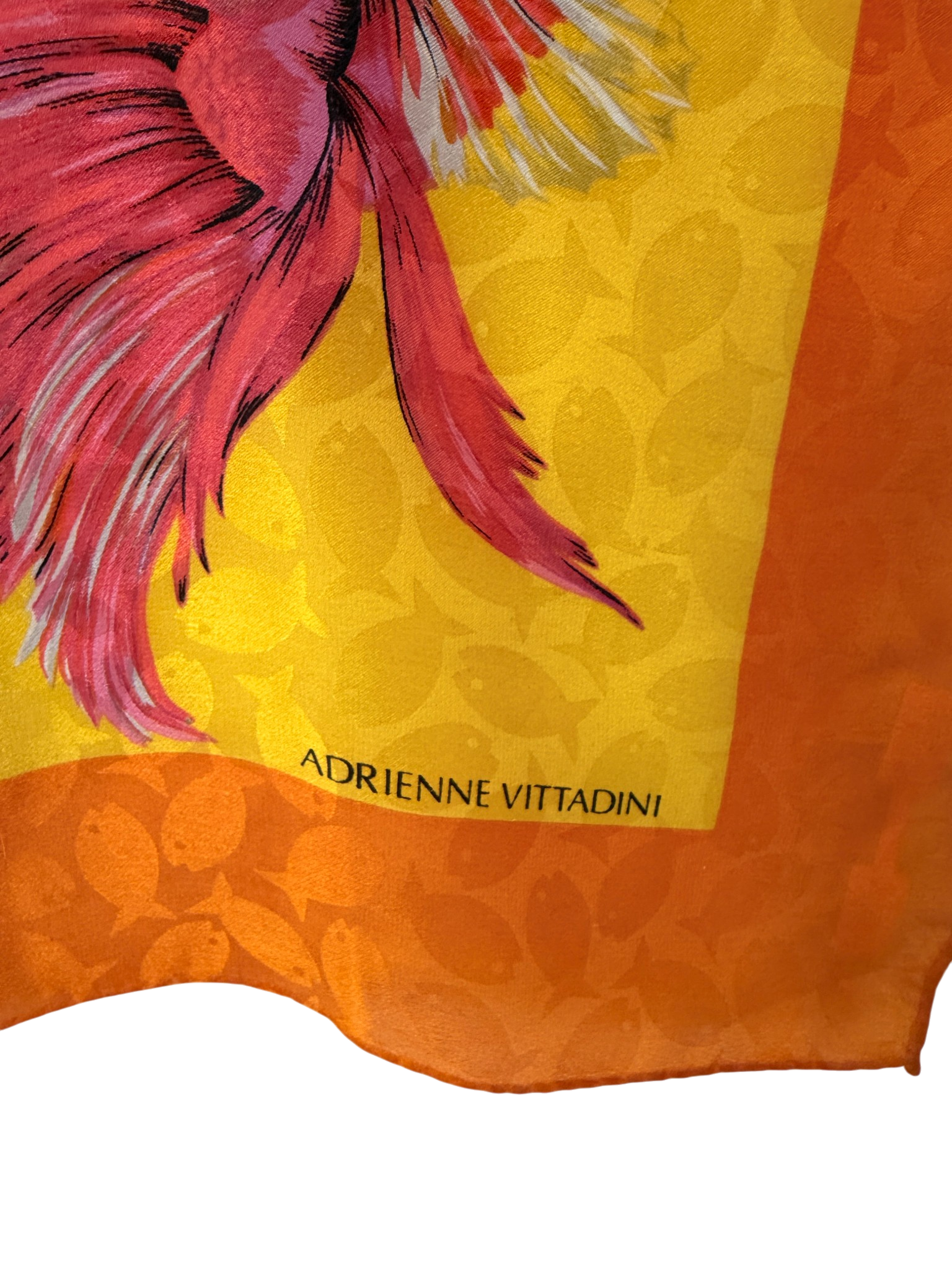 1980s Adrienne Vittadini Yellow & Orange Silk Fish Print Scarf