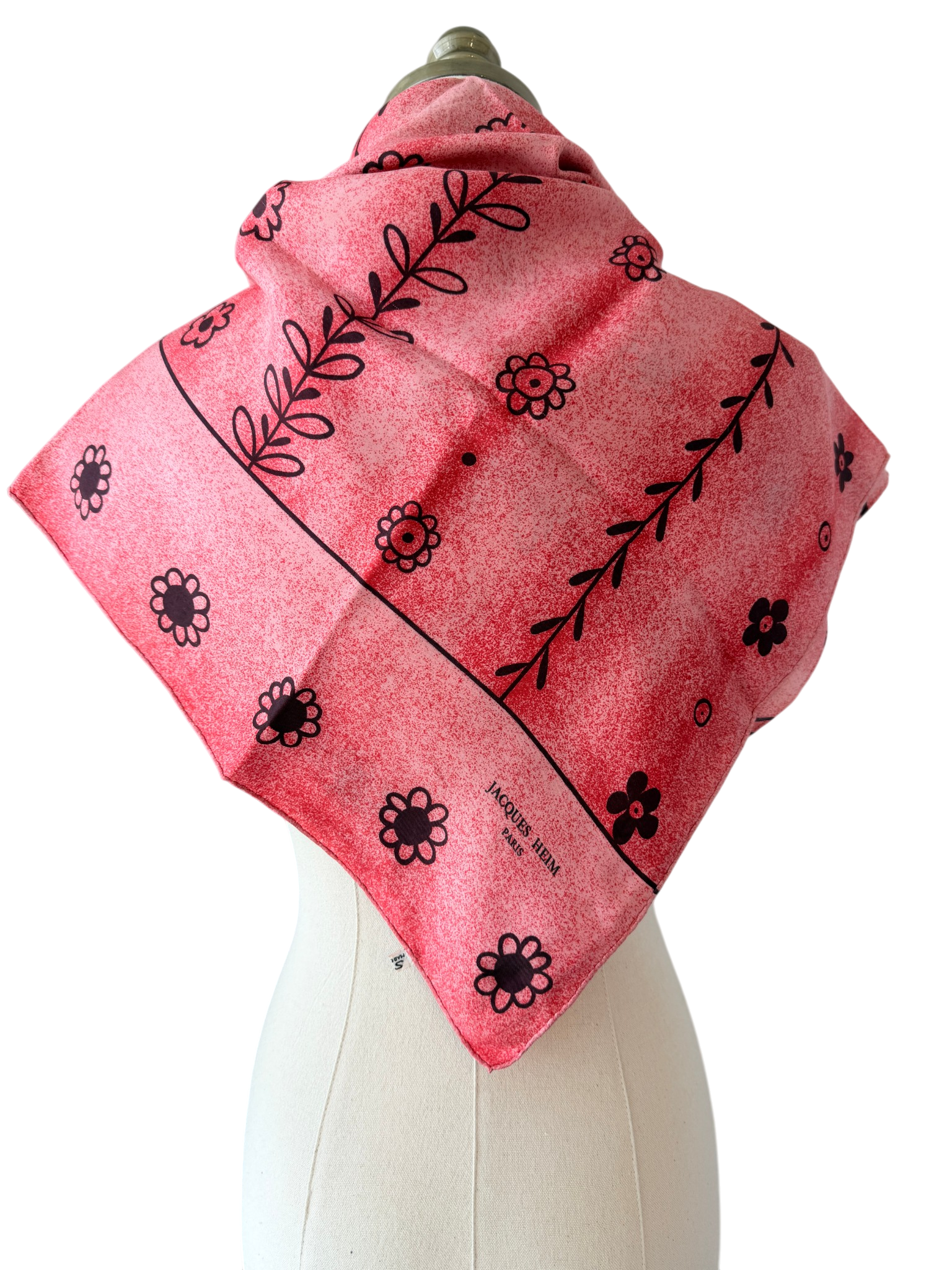 1980s Jacques Heim Pink Speckled Silk Scarf with Brown Floral Motif