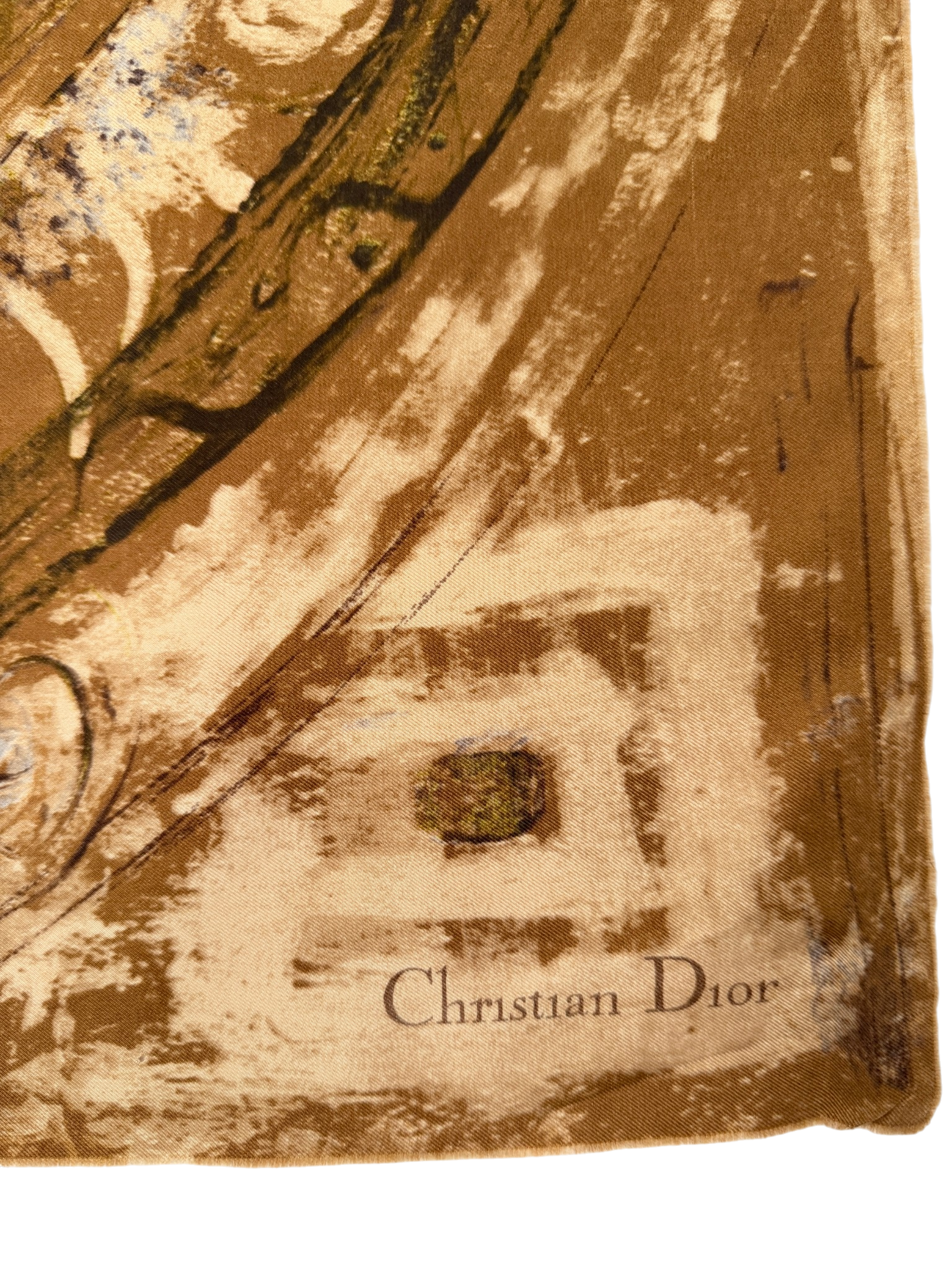 1970s Christian Dior Brown Raw Edge Silk Scarf with Brushstroke Print