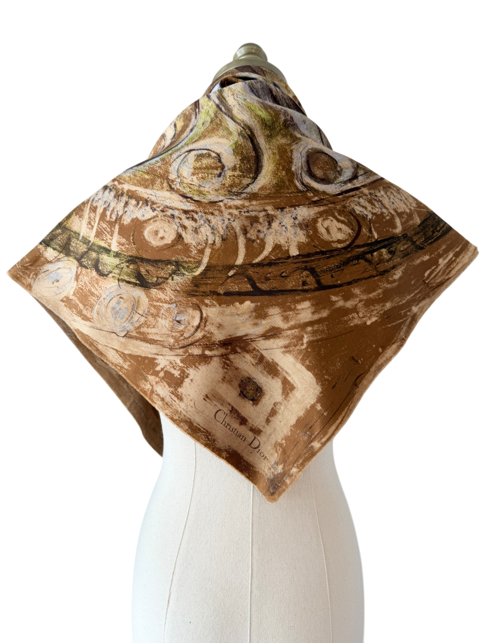 1970s Christian Dior Brown Raw Edge Silk Scarf with Brushstroke Print