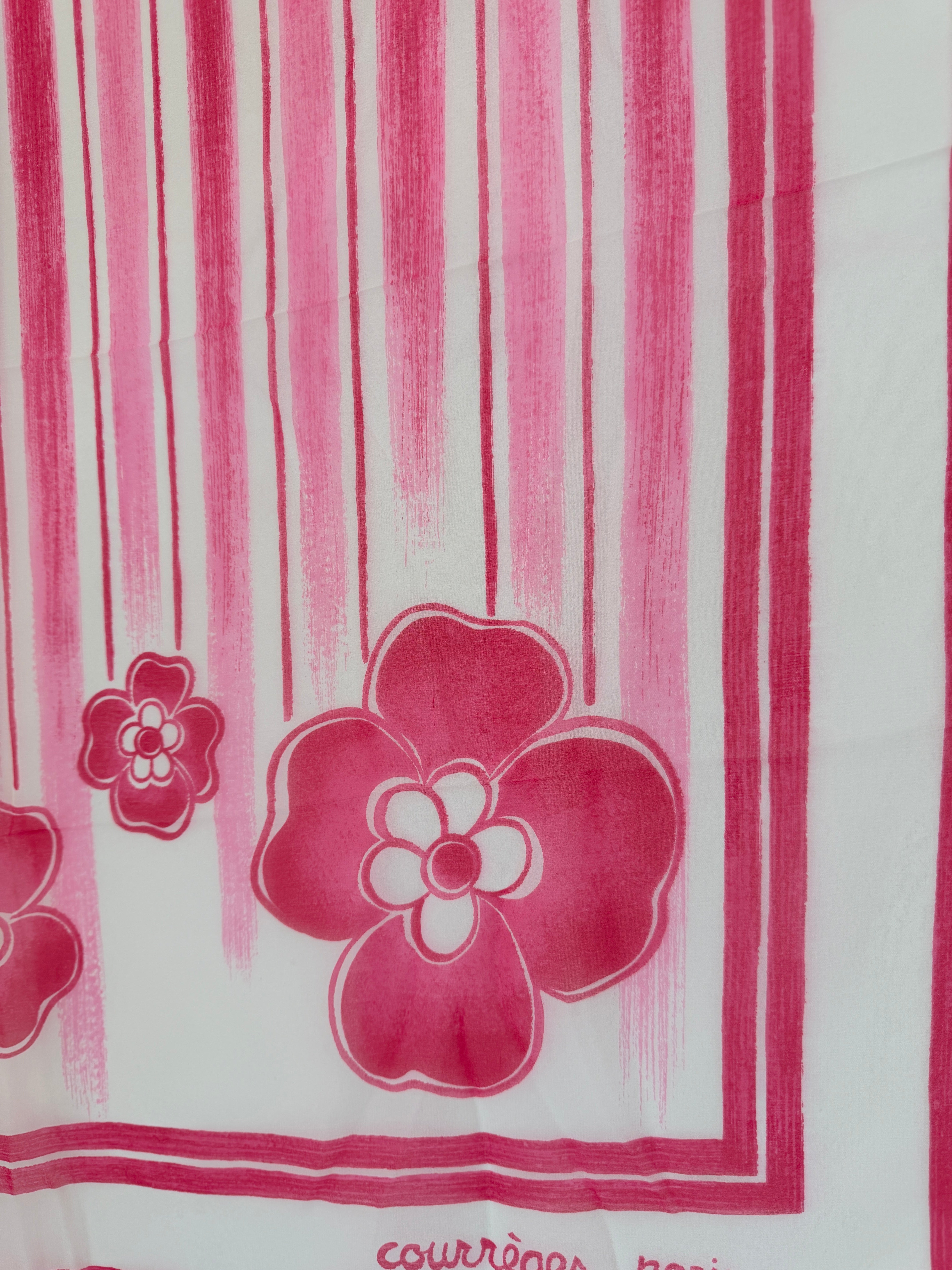 1970s Courrèges Paris Sheer Pink & White Brushstroke Stripe Scarf with Floral Detail