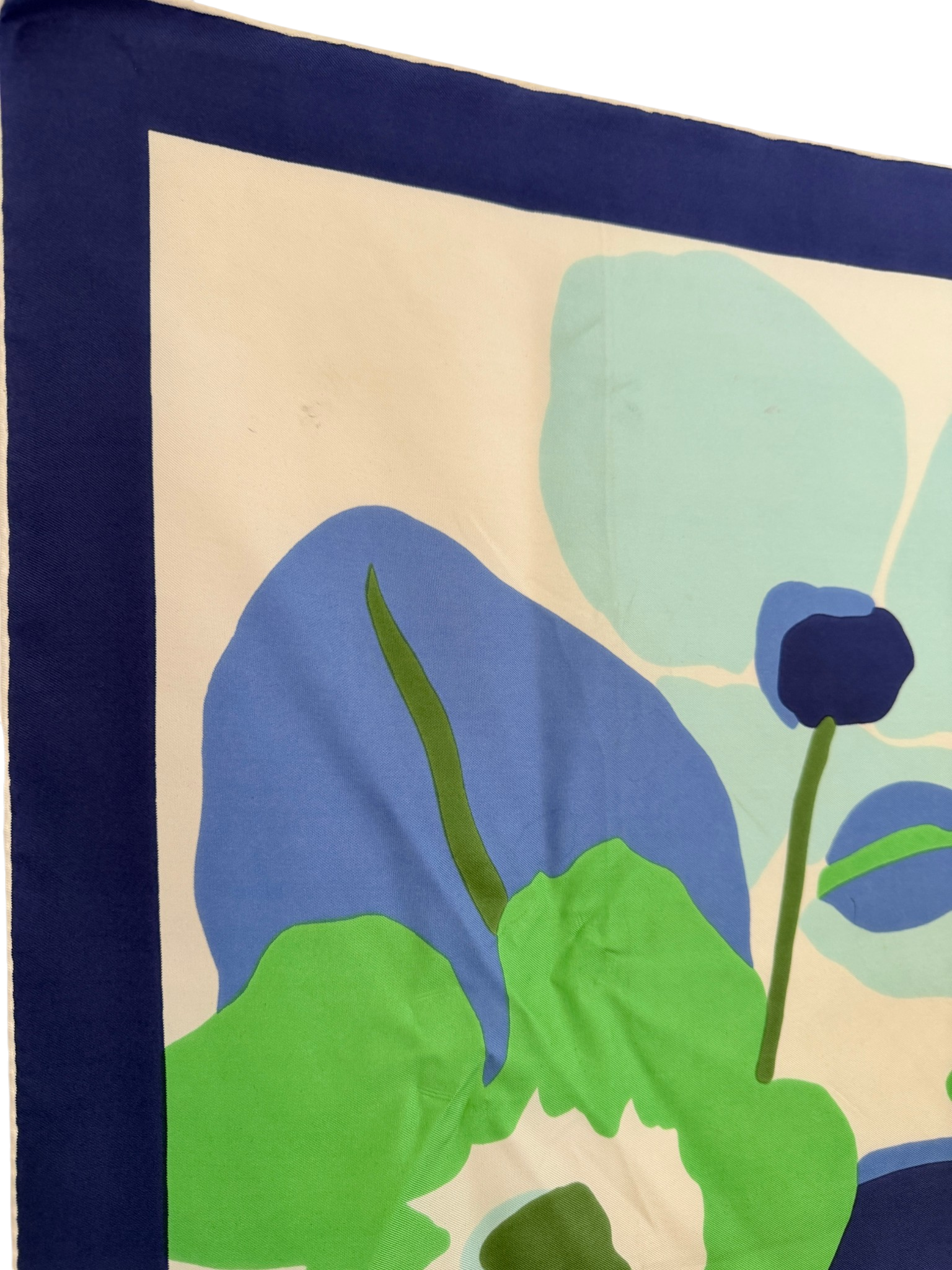 1960s Pierre Balmain Silk Scarf with Blue Border and MCM Floral Scene