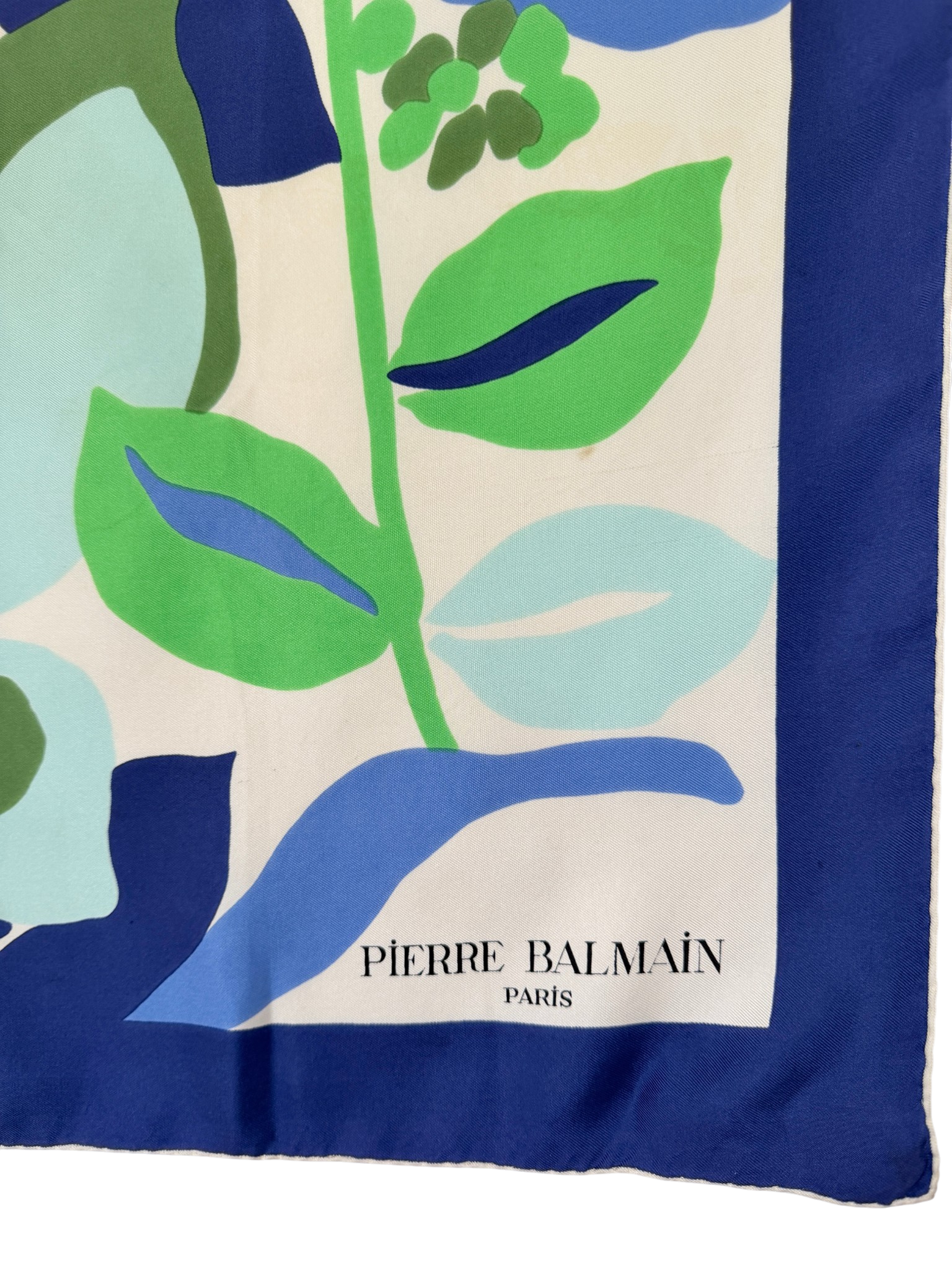 1960s Pierre Balmain Silk Scarf with Blue Border and MCM Floral Scene