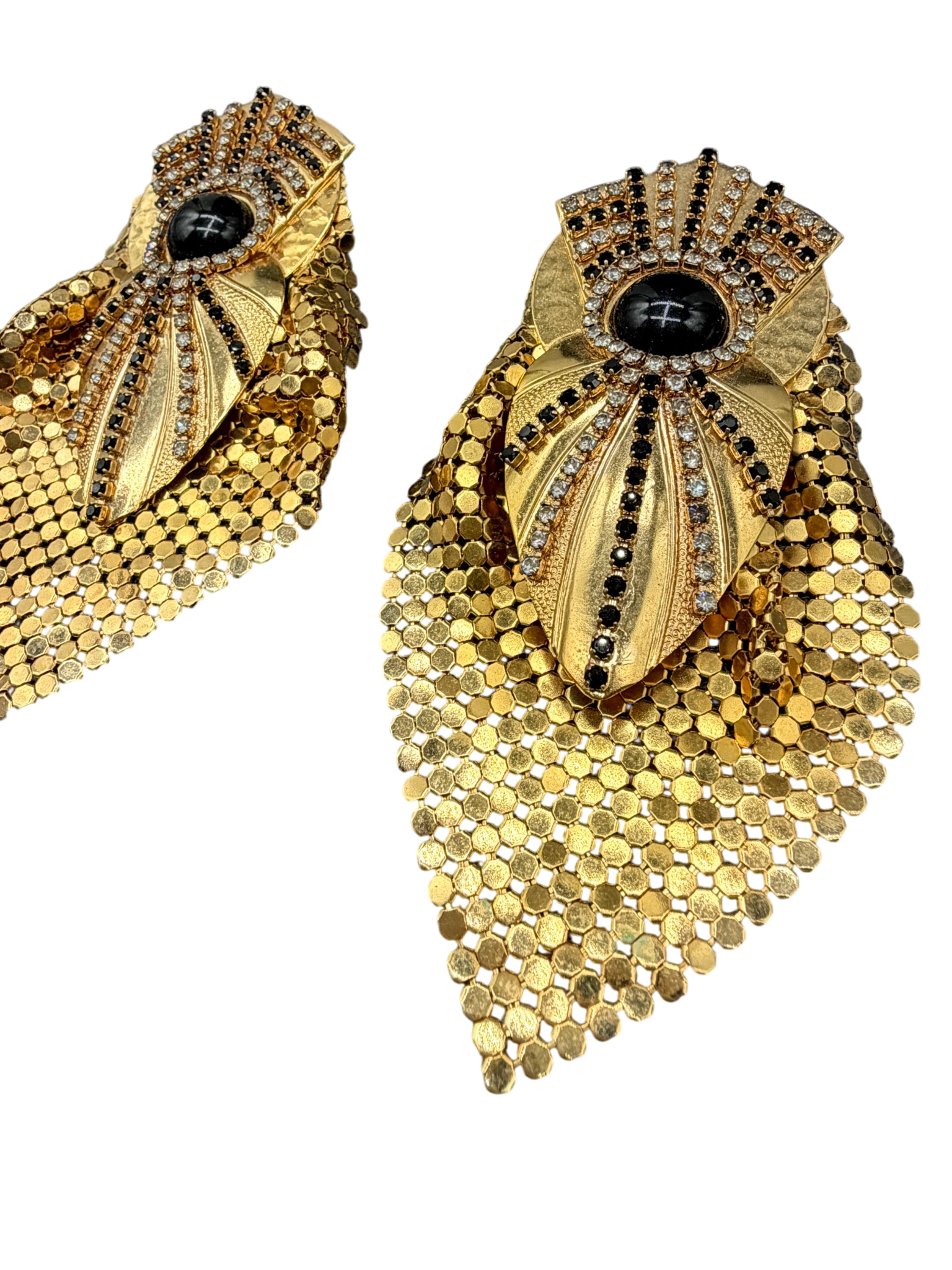 1980s Statement Mixed Media Gold-Tone Clip Earrings with Black Cabochon