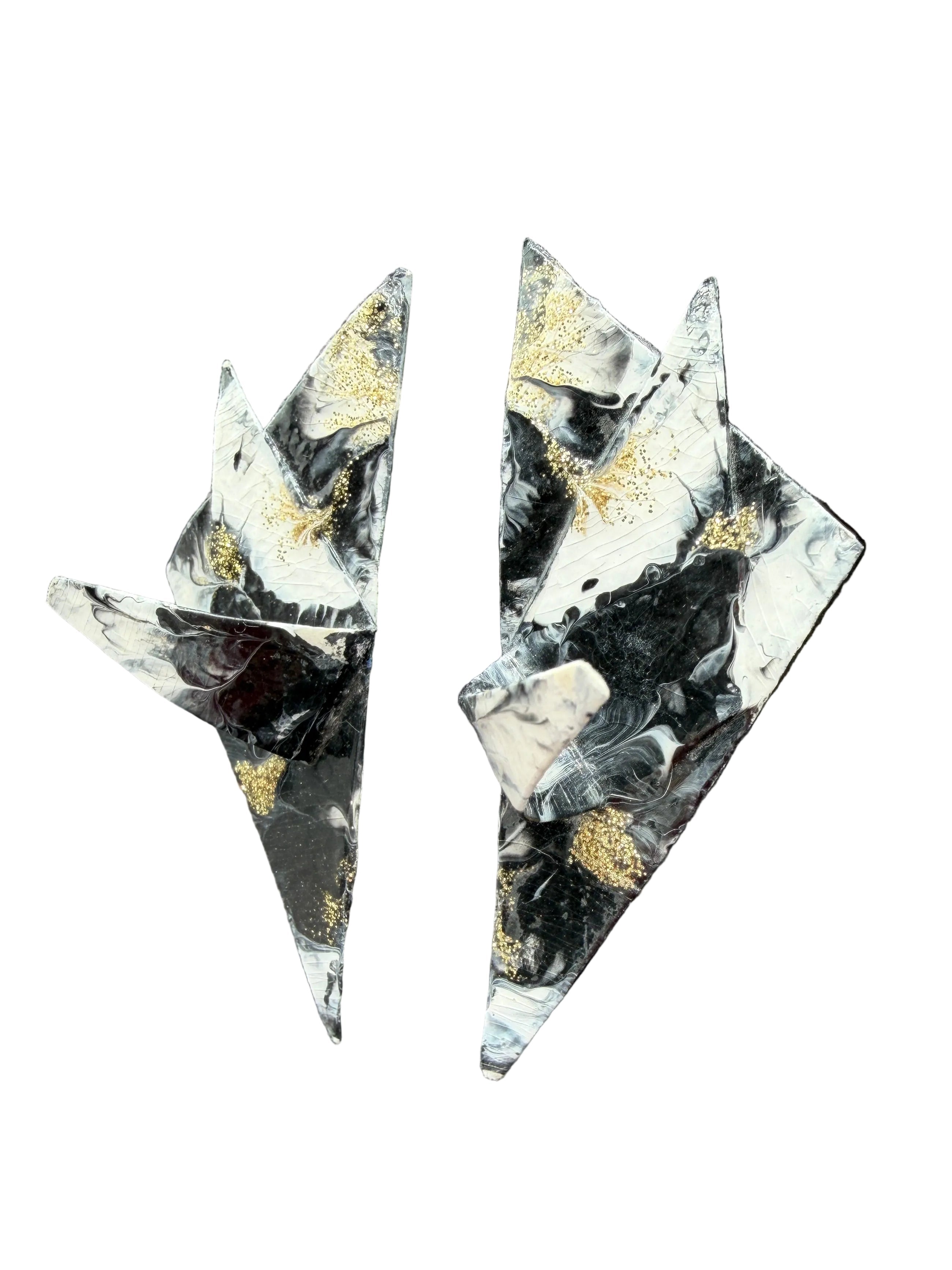 1991 Artisan Abstract Paper Clip Earrings with Black, White & Gold Glitter