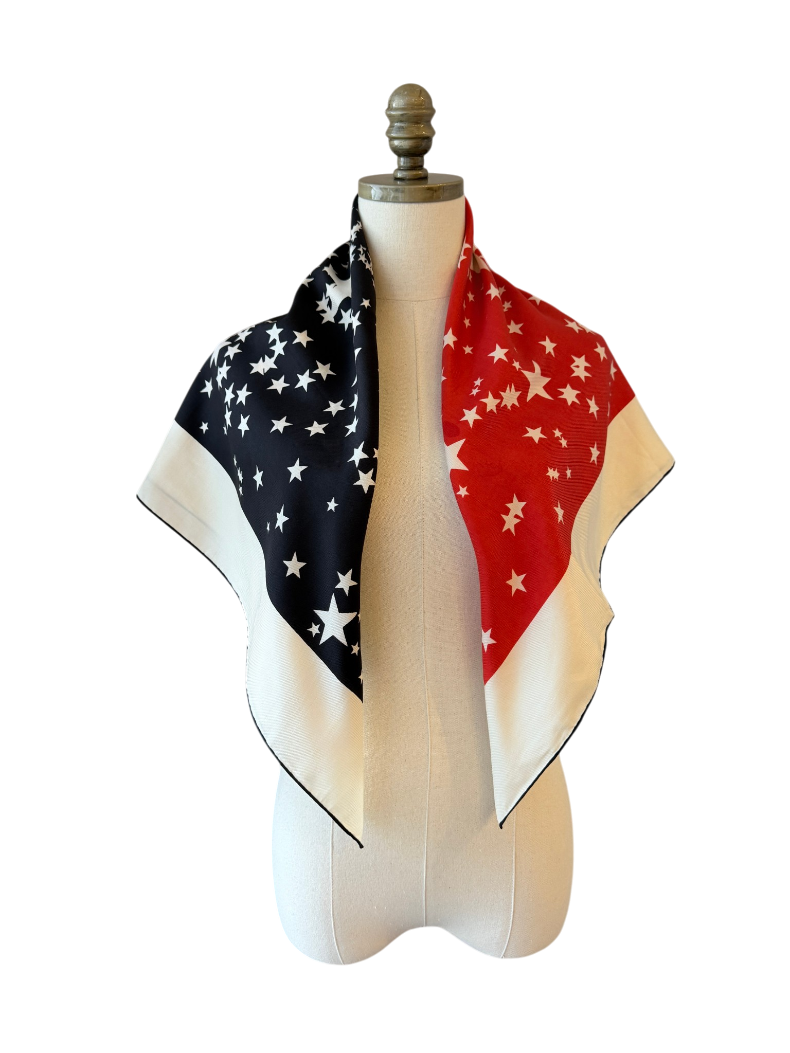 Rare Elinor Simmons for Malcolm Starr Ivory Silk Scarf with Red, Blue & Star Motif