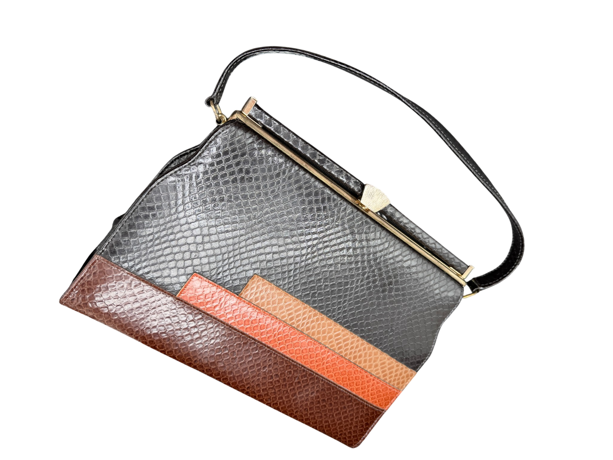 1960s Naturalizer Snake-Embossed Leather Handbag with Black & Brown Bands