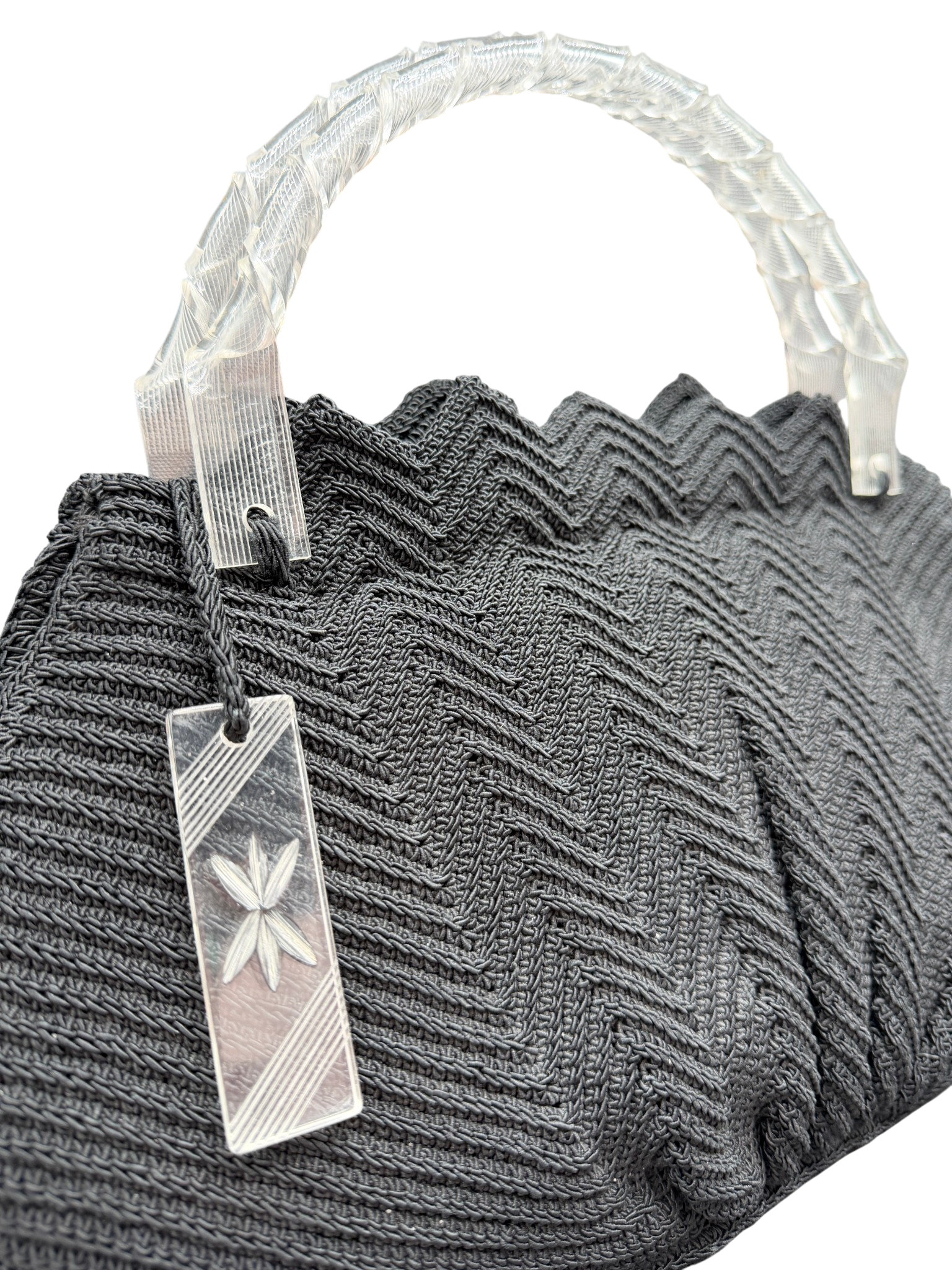 1940s Black Chevron Woven Purse with Lucite Handles